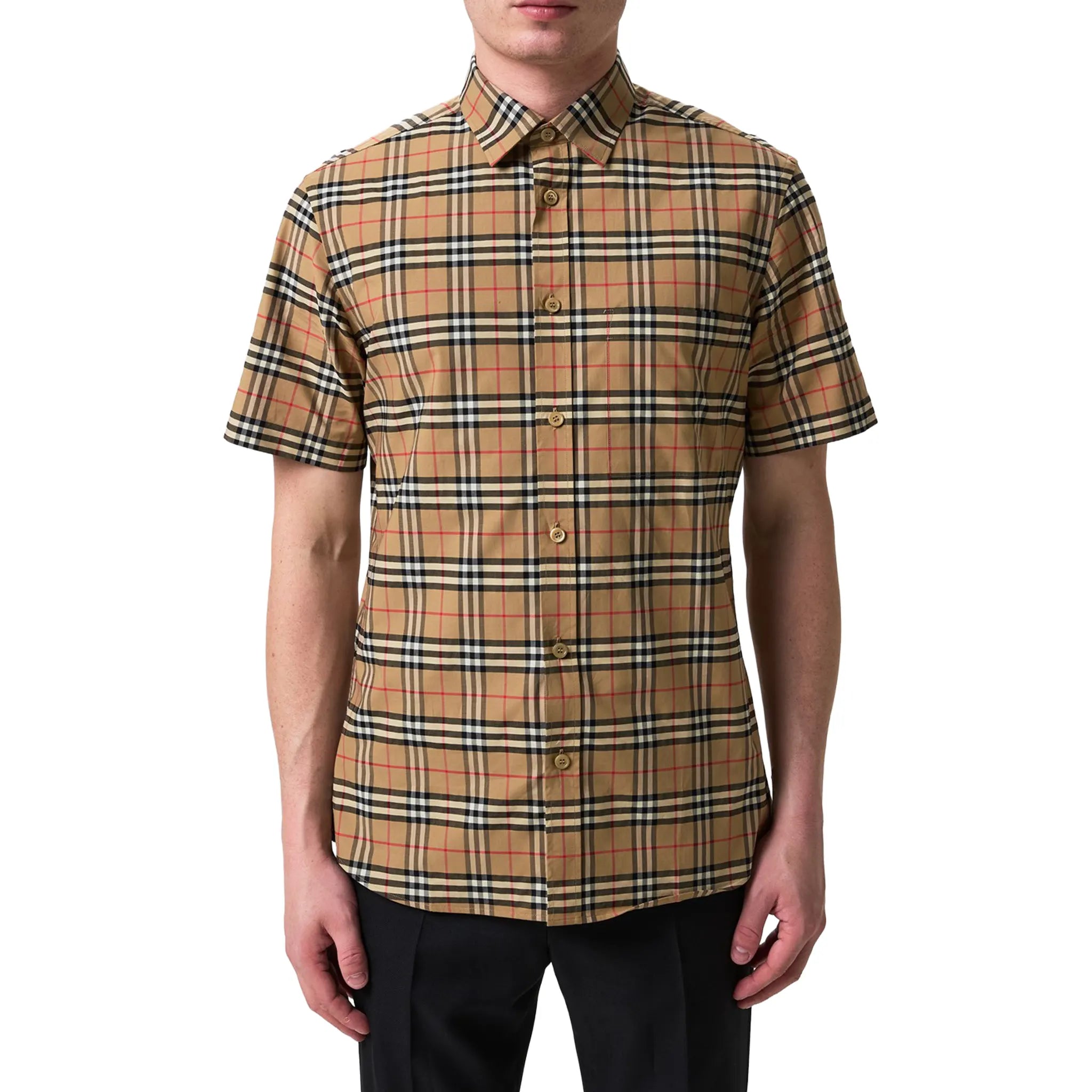Front View of Burberry Short Sleeve Check Cotton Shirt