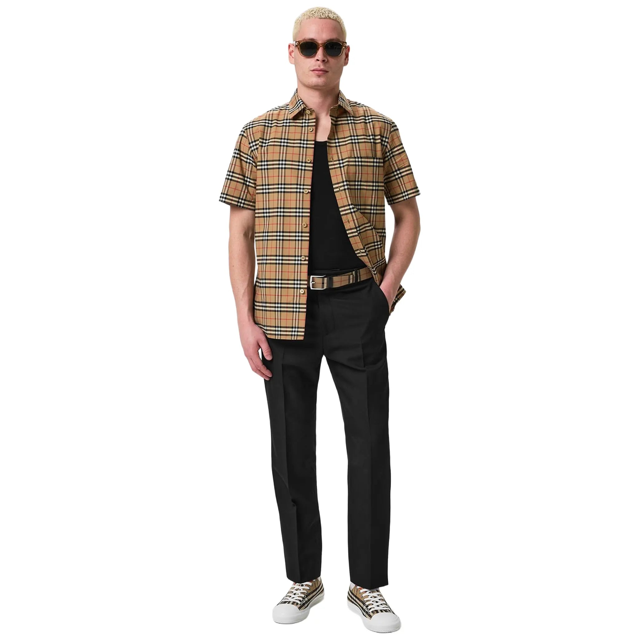 Model Front View of Burberry Short Sleeve Check Cotton Shirt