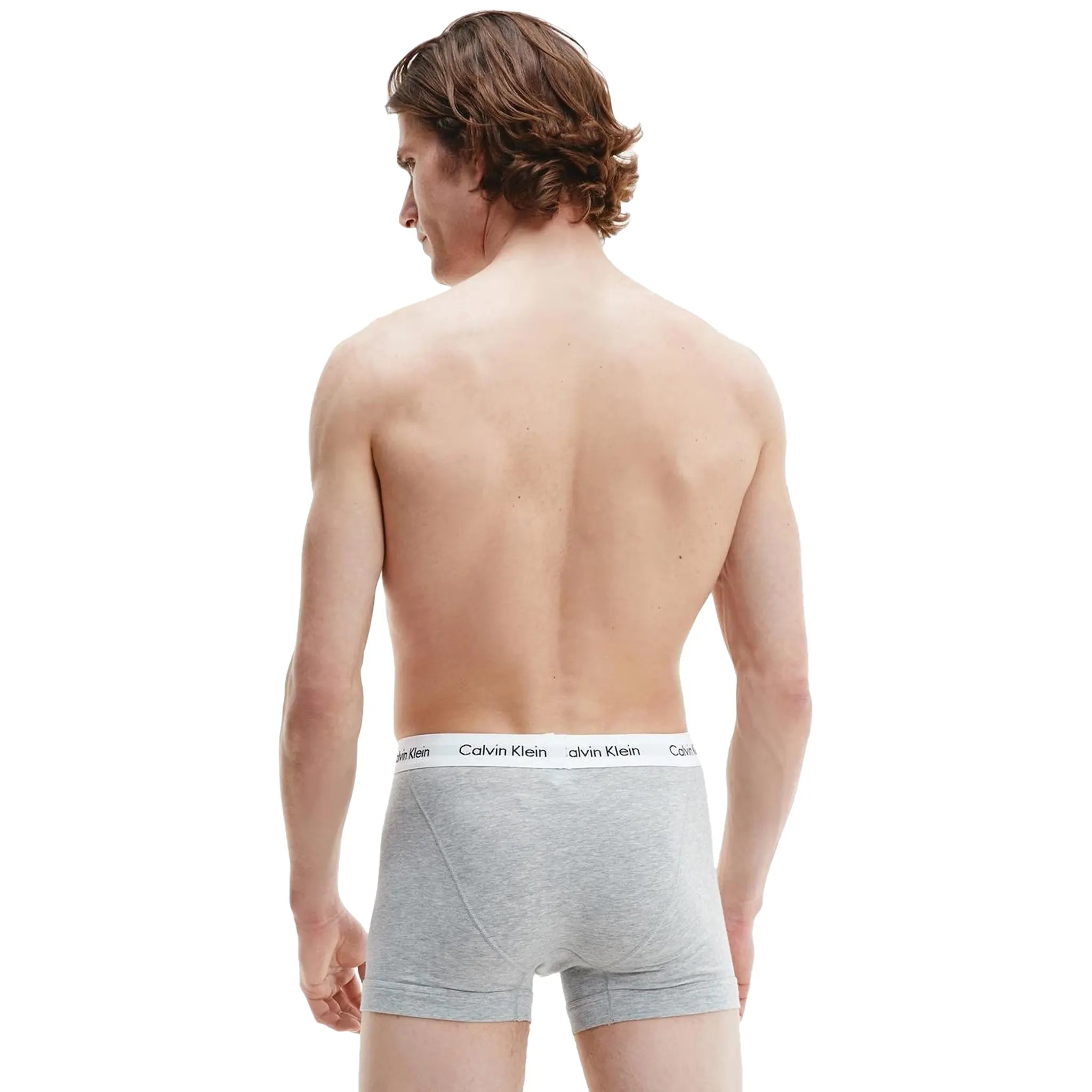Model Grey Back view of Calvin Klein Pack Cotton Stretch White Black Grey Boxer Shorts