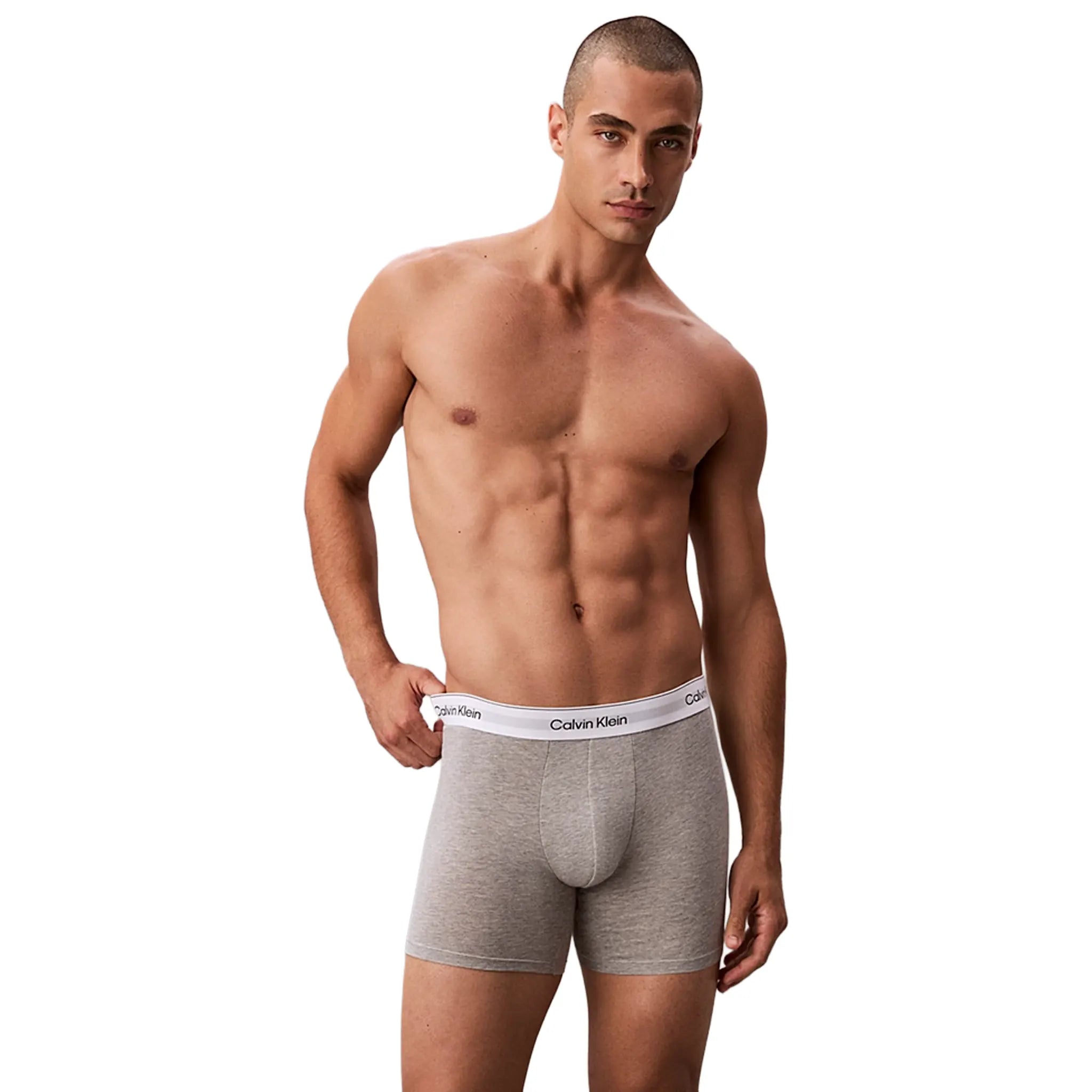 Front View of Calvin Klein White Black Grey Boxer Briefs Three Pack