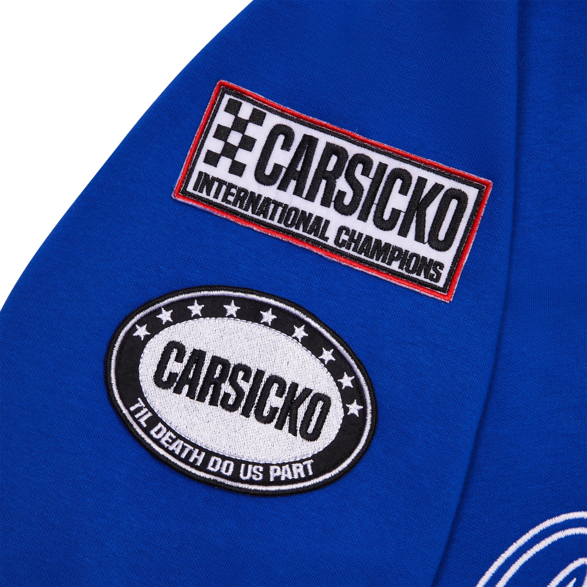Sleeve badge view of Carsicko Racing Club Zip-Up Blue Hoodie