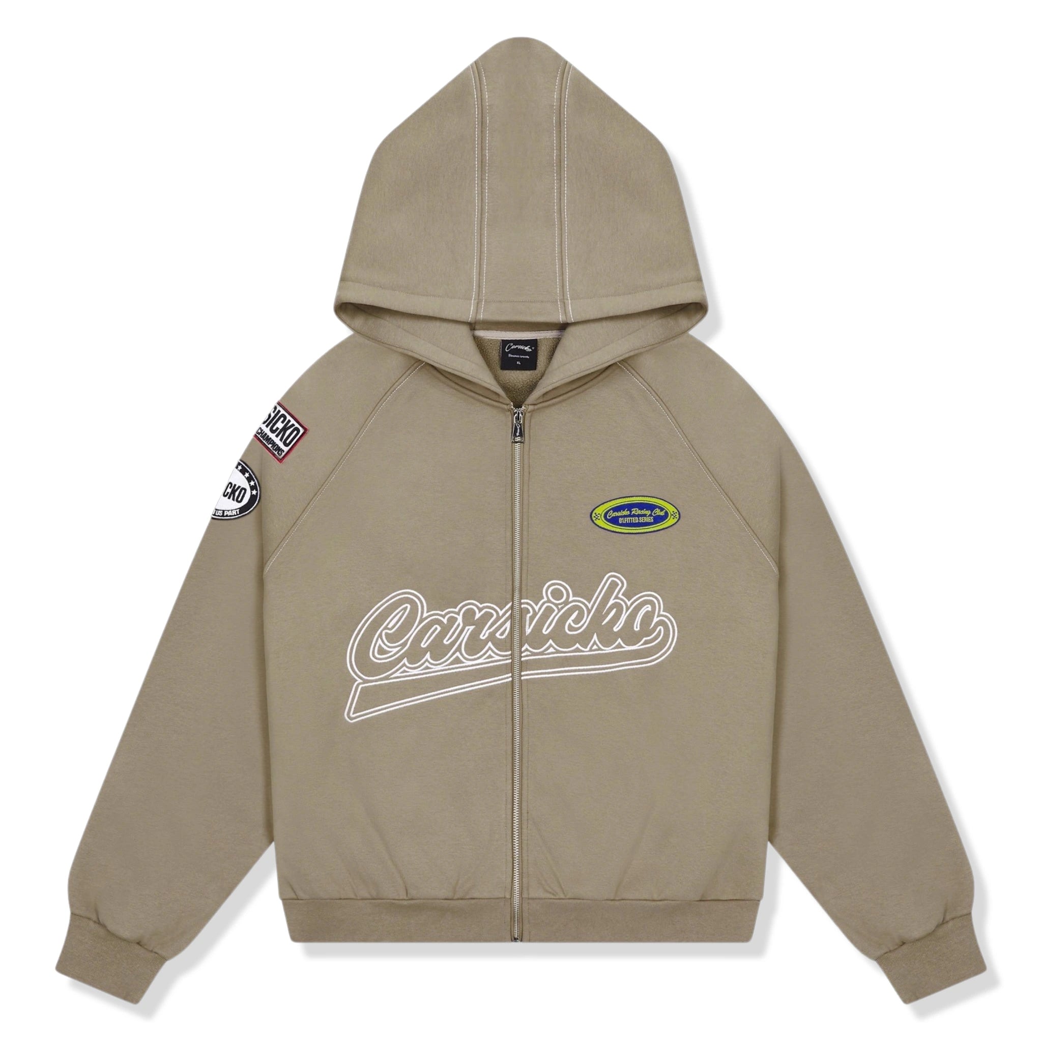 Front view of Carsicko Racing Club Zip-Up Cream Hoodie