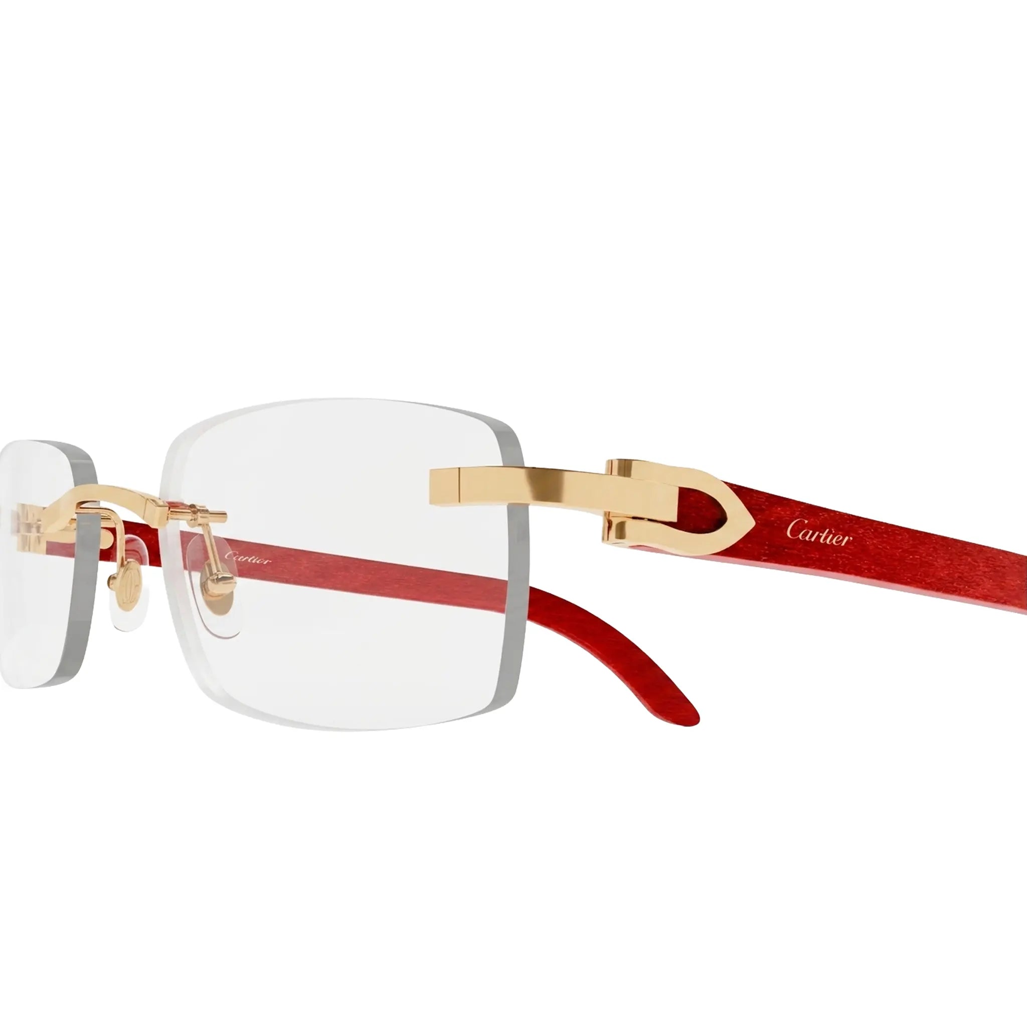 Detailed View of Cartier Eyewear CT0052O-006 Transparent Gold Red Rimless Sunglasses