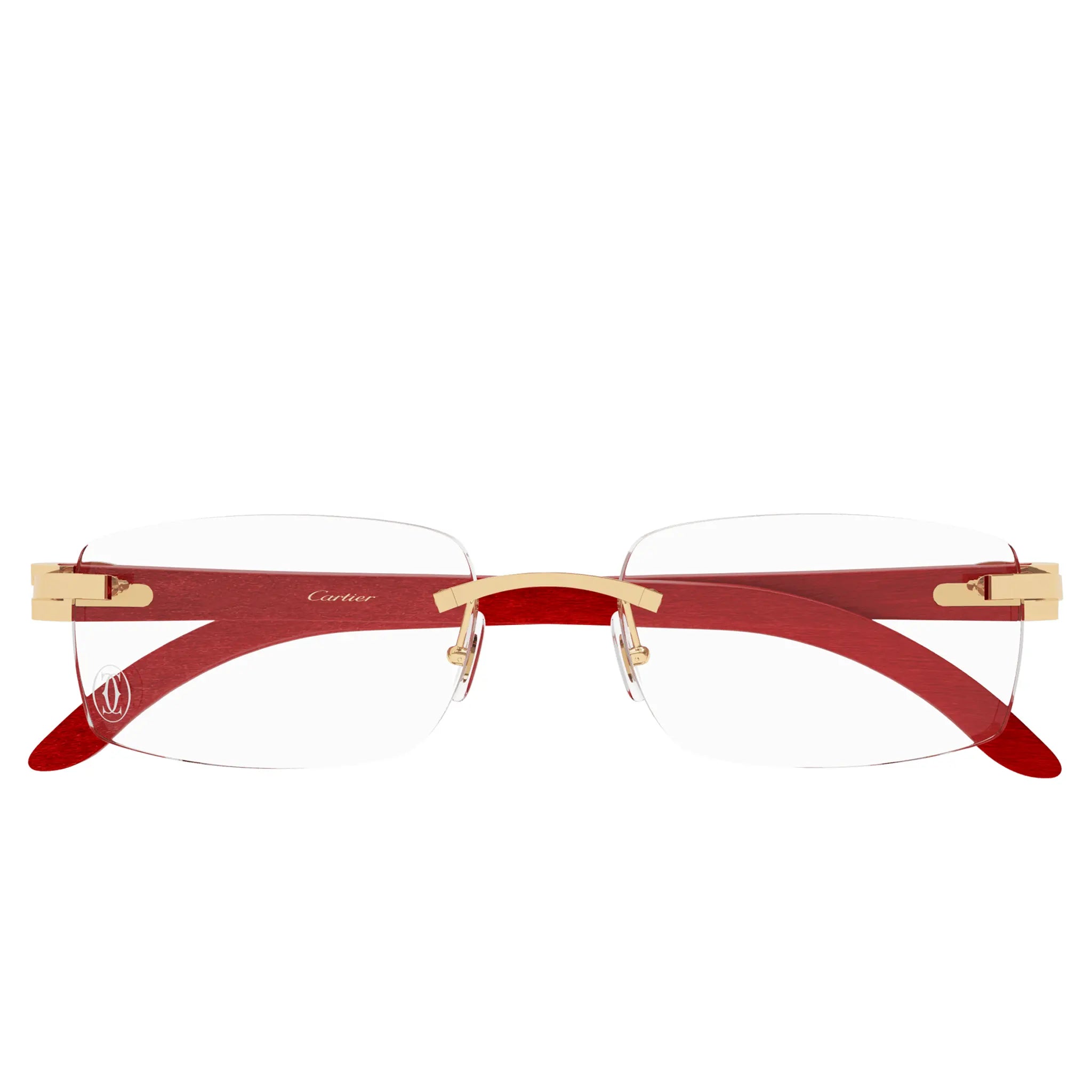 Front View of Cartier Eyewear CT0052O-006 Transparent Gold Red Rimless Sunglasses