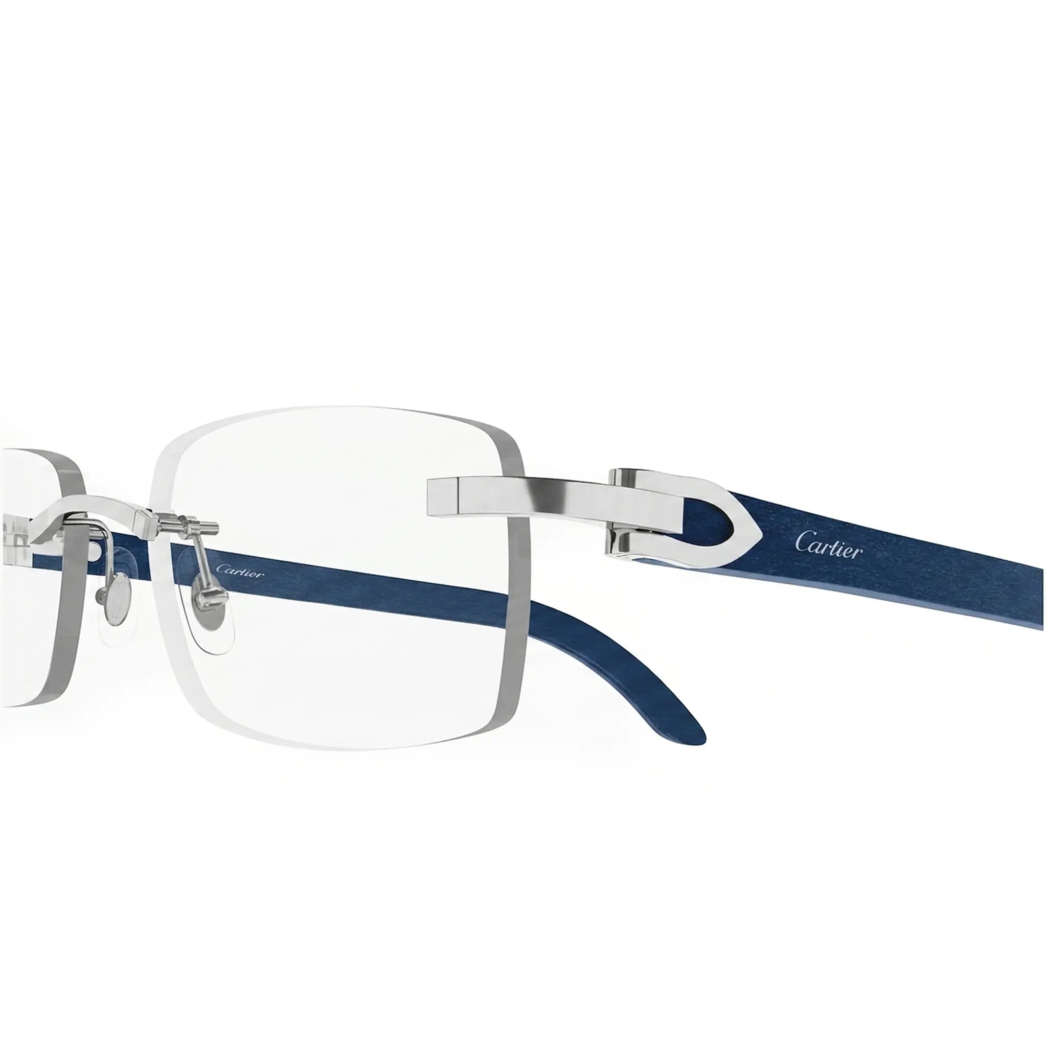 Detailed View of Cartier Eyewear CT0052O-007 Transparent Silver Blue Rimless Sunglasses