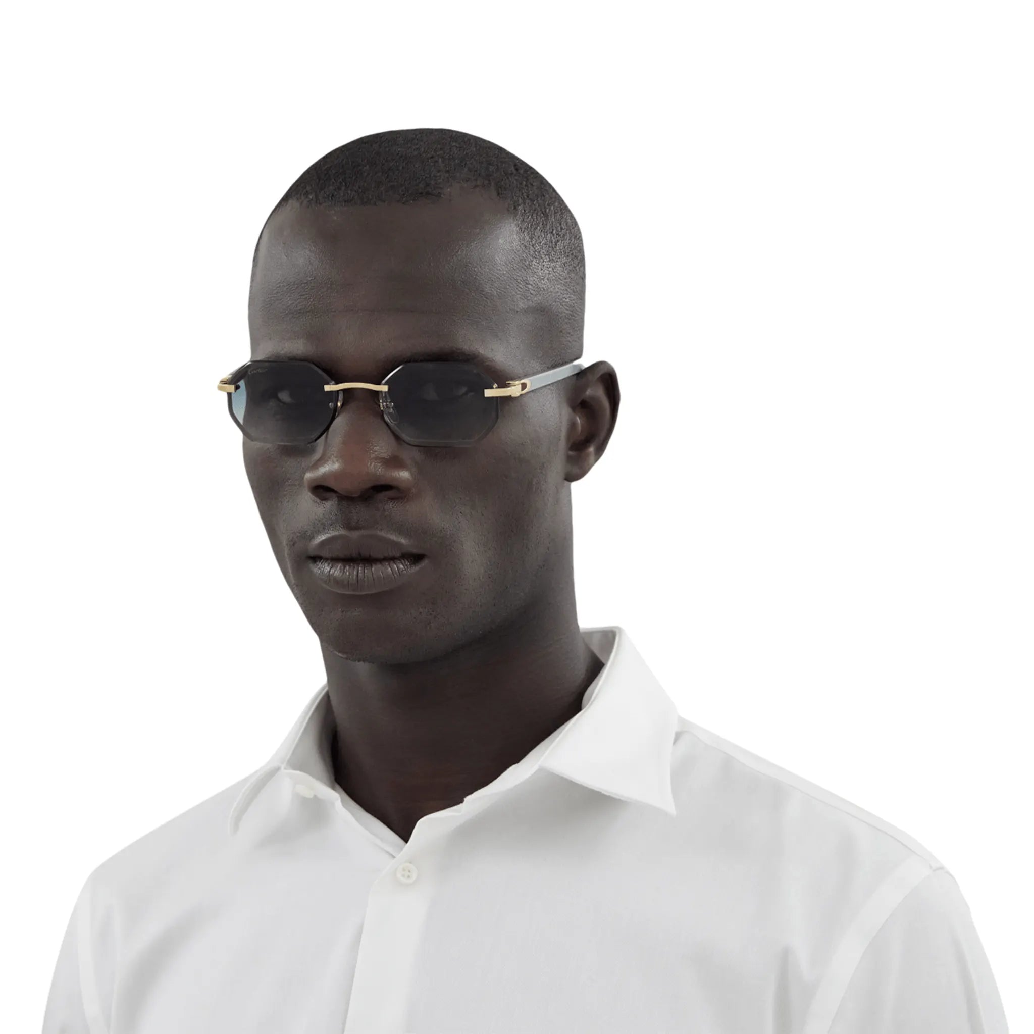 Model View of Cartier Eyewear CT0439S-004 Gold Green Rimless Sunglasses