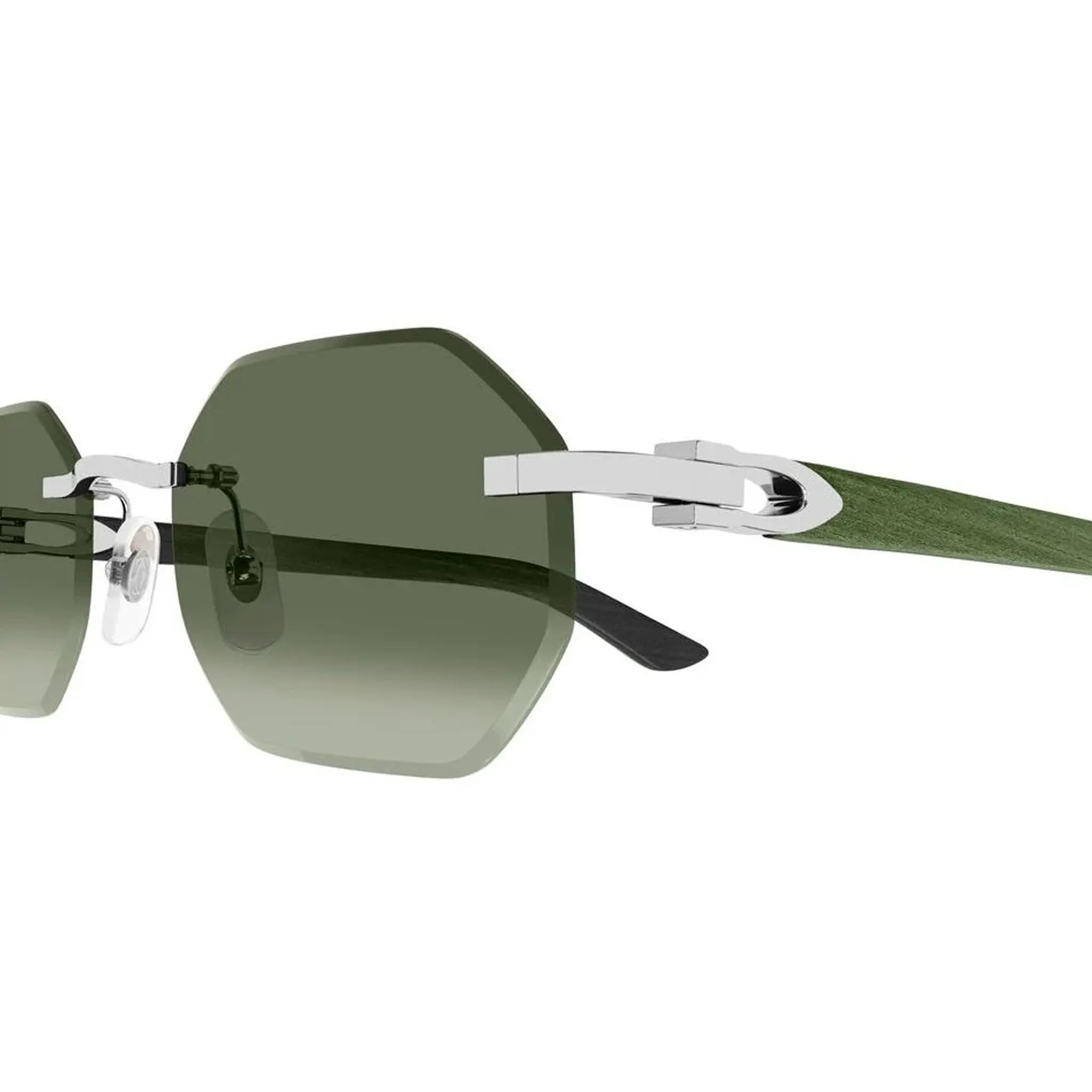 Detailed View of Cartier Eyewear CT0439S-008 Green Silver Rimless Sunglasses