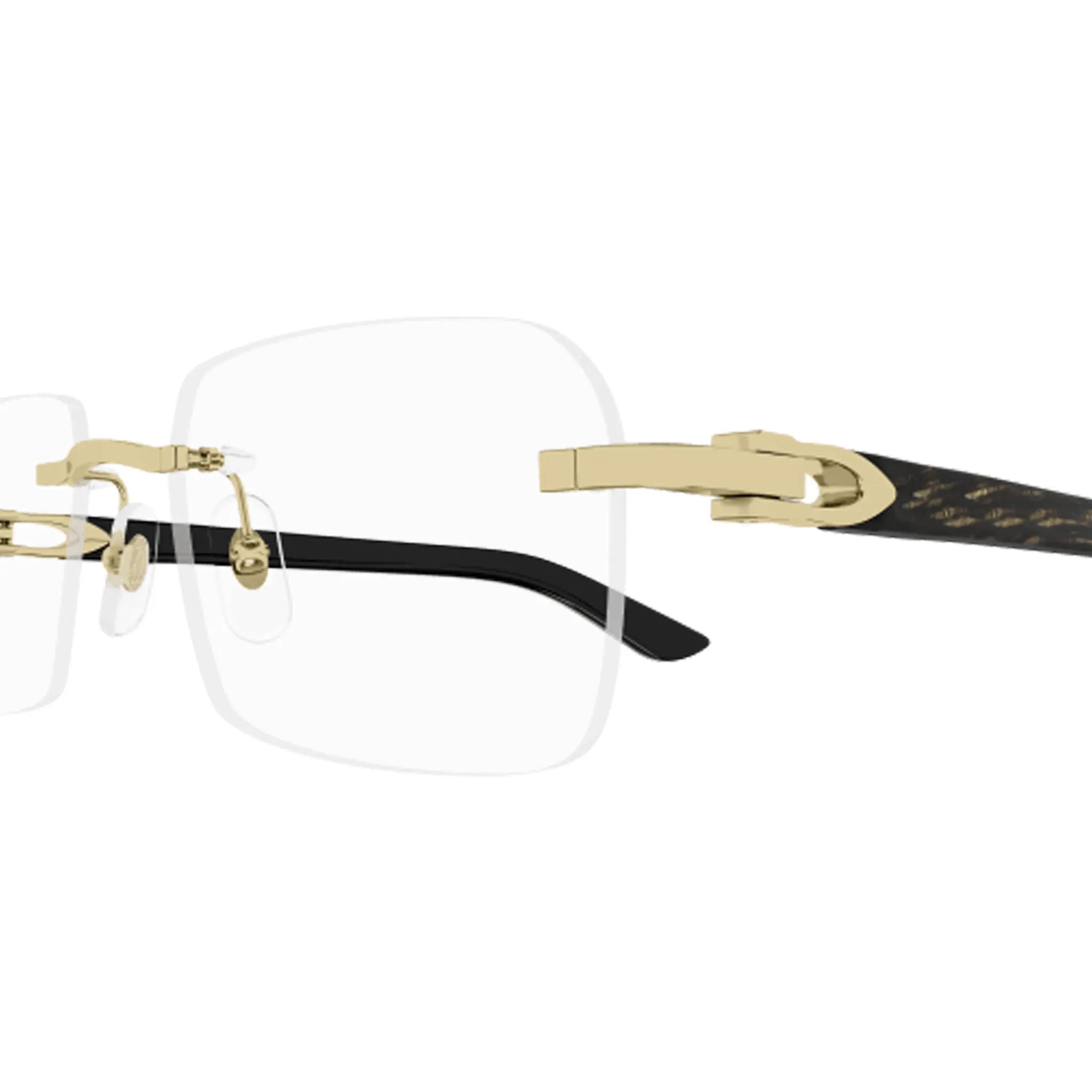 Front Side Detailed View of Cartier Eyewear CT0453O-001 Transparent Black Gold Rimless Sunglasses