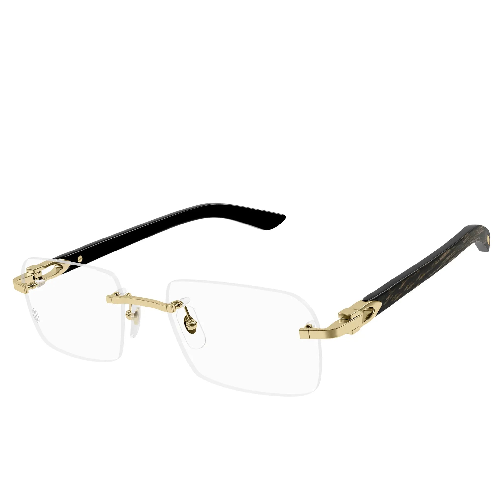 Front Side View of Cartier Eyewear CT0453O-001 Transparent Black Gold Rimless Sunglasses