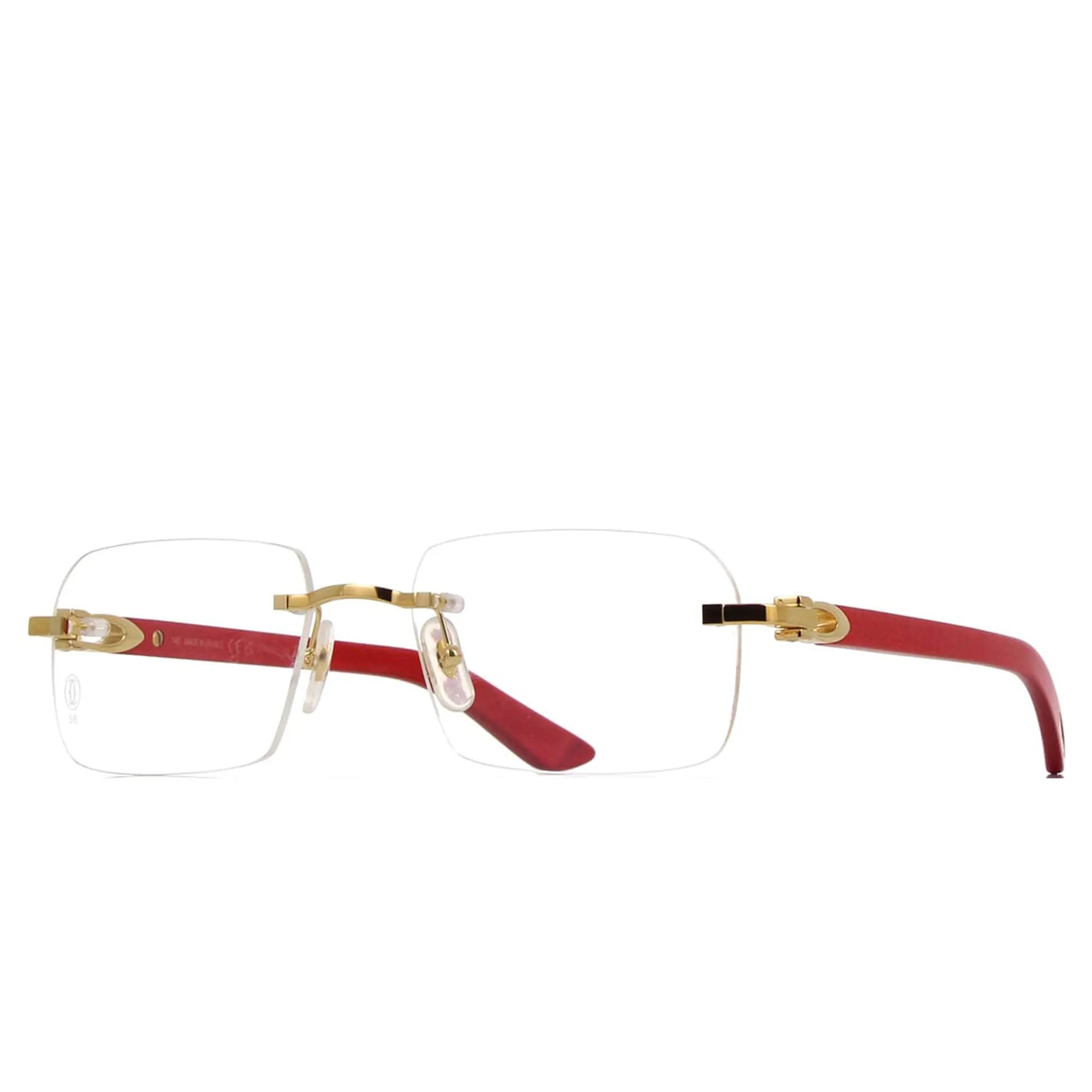 Front View of Cartier Eyewear CT0453O-003 Transparent Red Gold Rimless Sunglasses