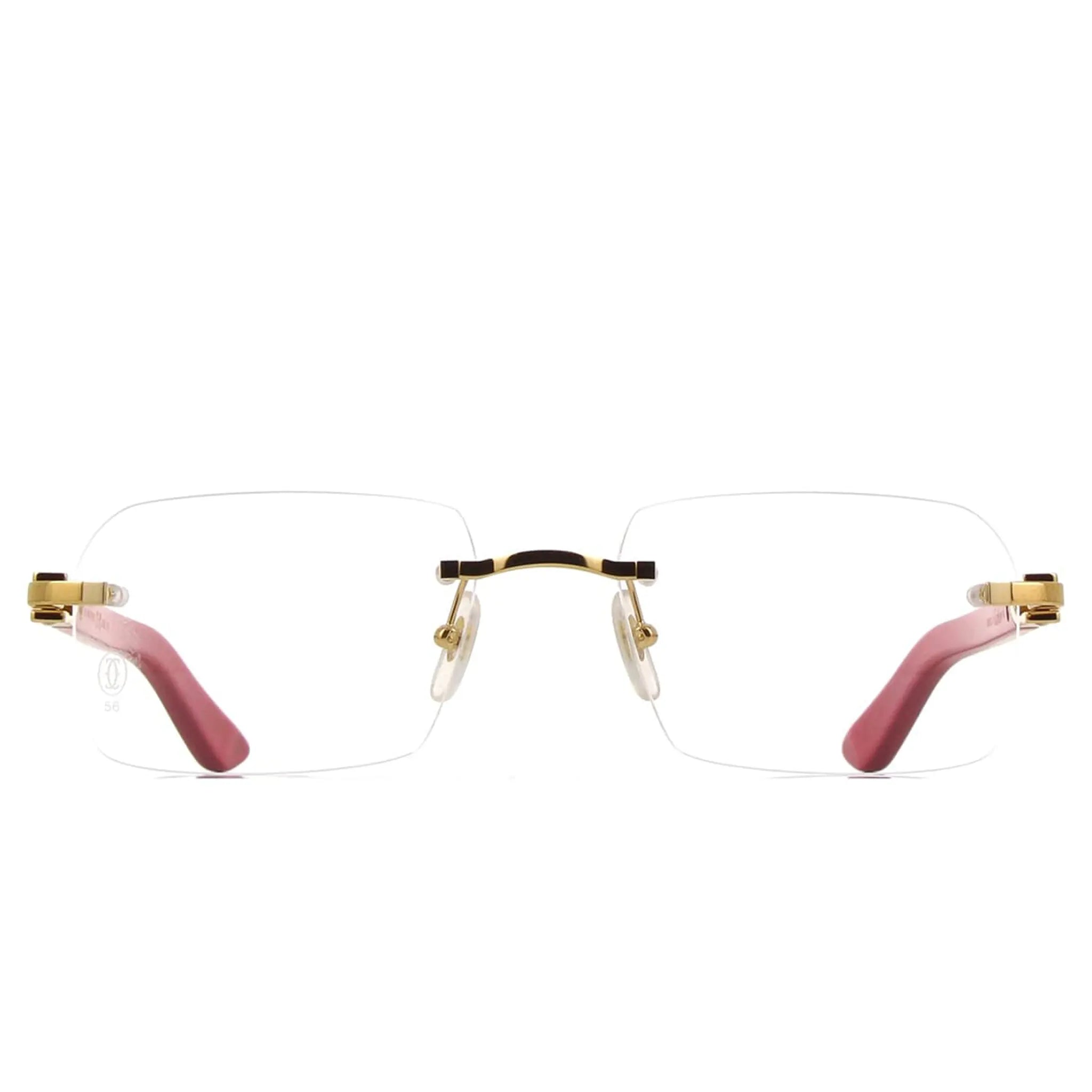 Front View of Cartier Eyewear CT0453O-003 Transparent Red Gold Rimless Sunglasses