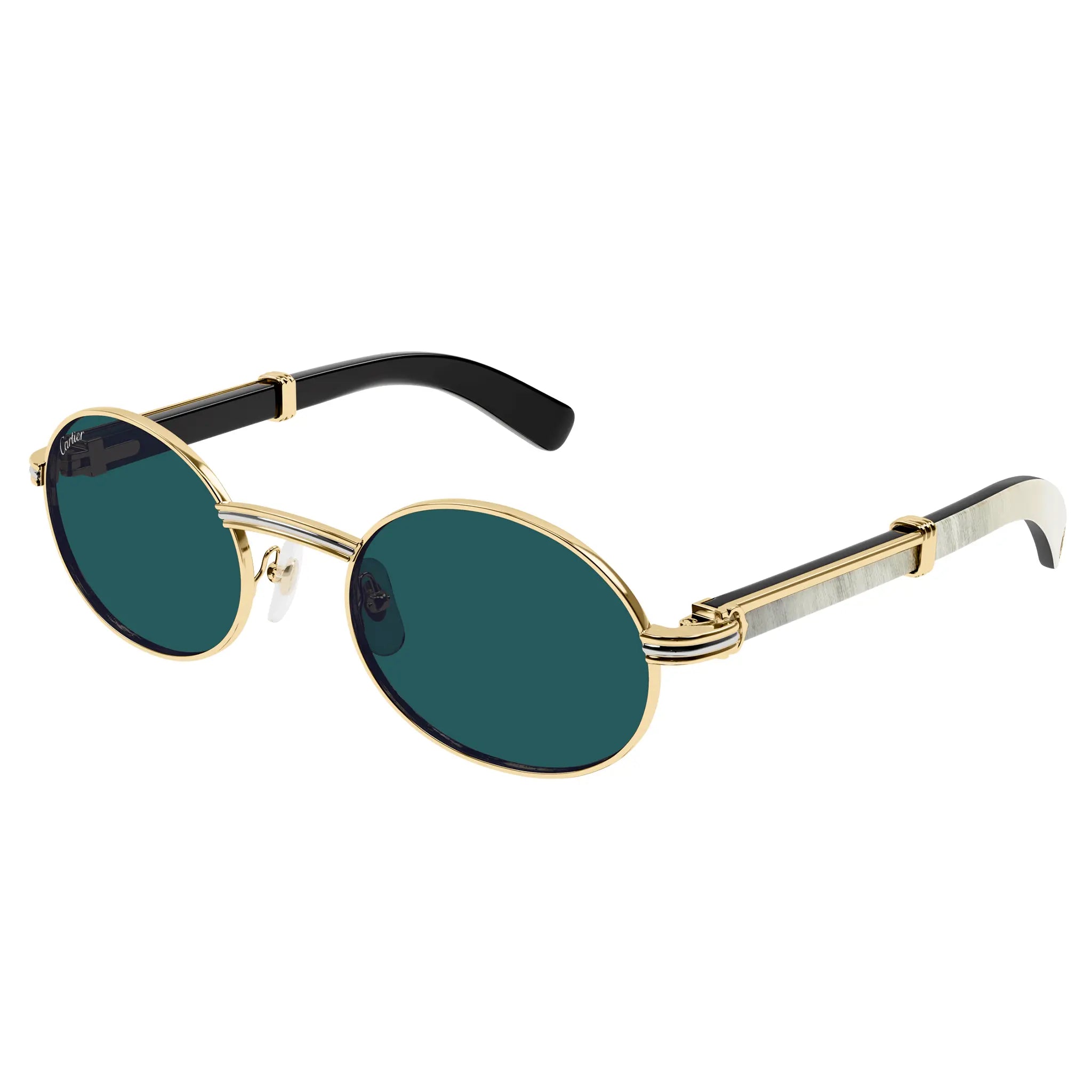 Front side view of Cartier Eyewear CT0464S-003 White Gold Green Sunglasses