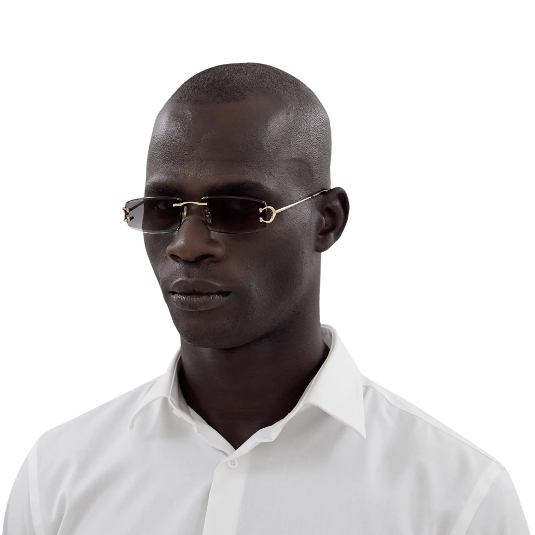 Model view of Cartier Eyewear CT0465S-001 Gold Grey Rimless Sunglasses