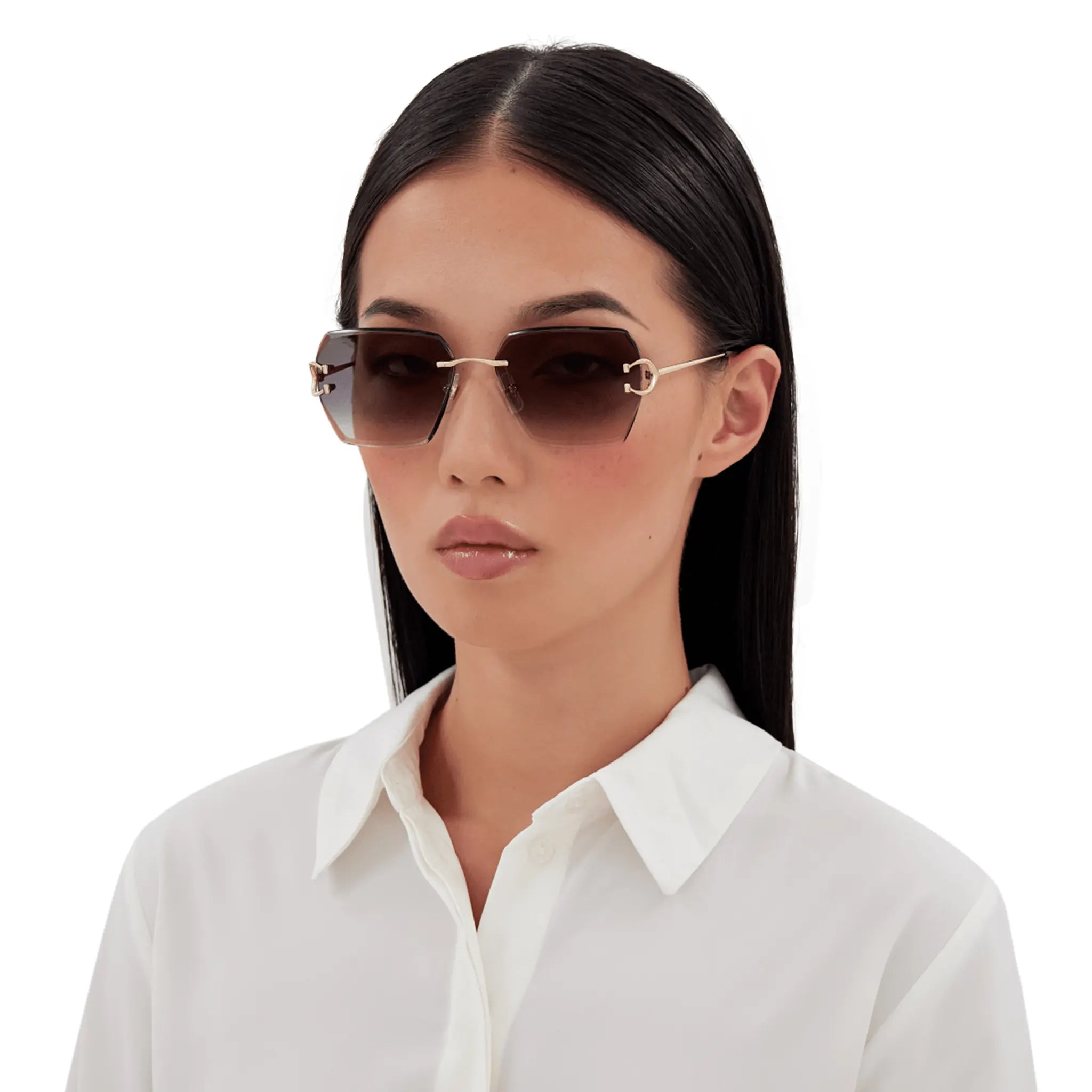 Model view of Cartier Eyewear CT0466S-001 Gold Grey Sunglasses
