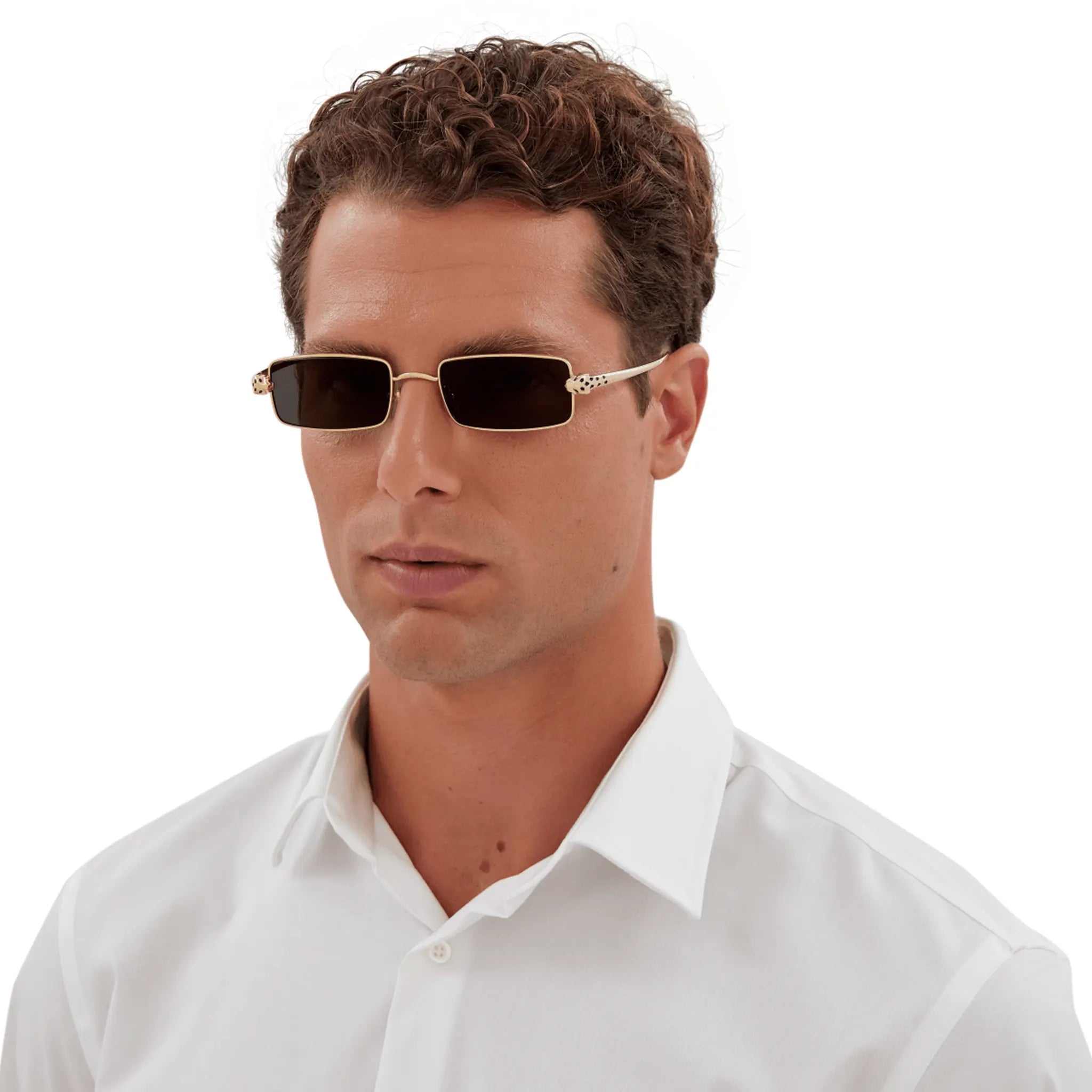 Model view of Cartier Eyewear CT0473S-001 Panthere De Cartier Gold Grey Sunglasses