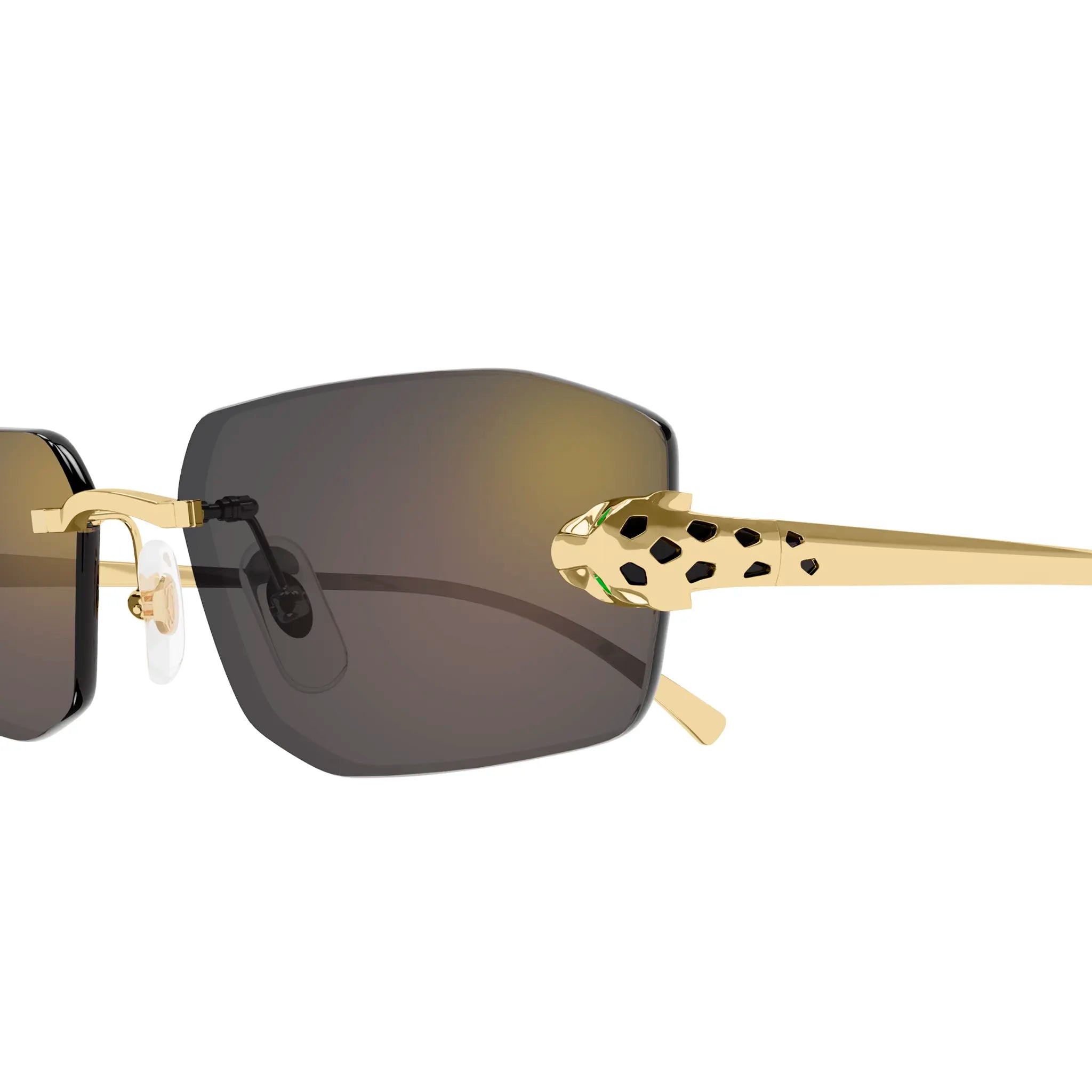 Close Up view of Cartier Eyewear CT0474S-001 Panthere De Cartier Gold Grey Rimless Sunglasses