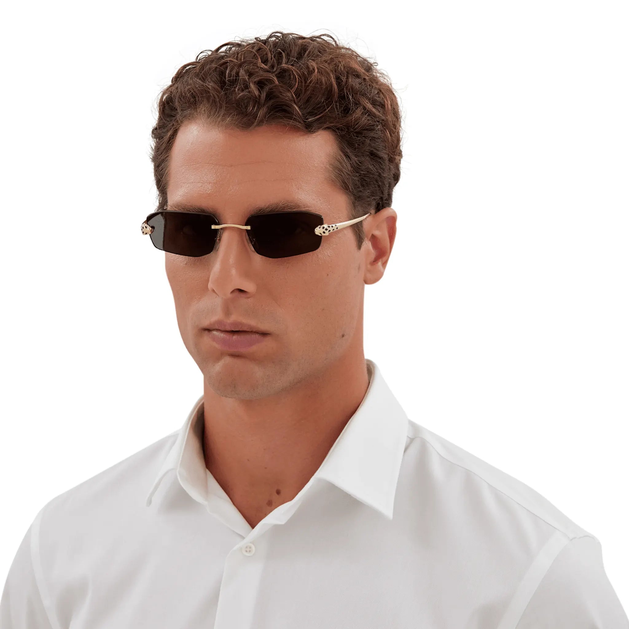 Model view of Cartier Eyewear CT0474S-001 Panthere De Cartier Gold Grey Rimless Sunglasses