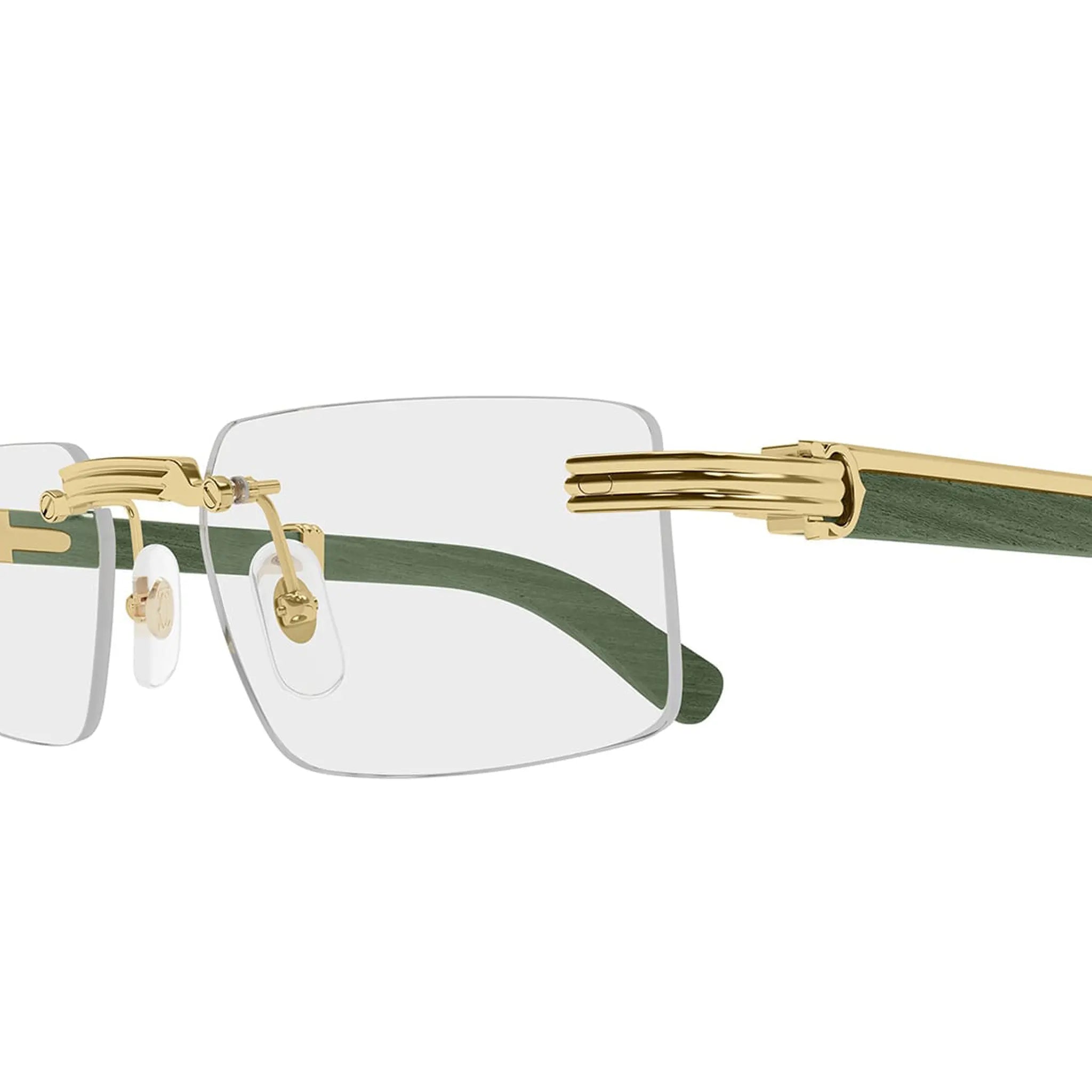 Detailed View of Cartier Eyewear CT0485O-006 Transparent Gold Green Real Wood Rimless Sunglasses