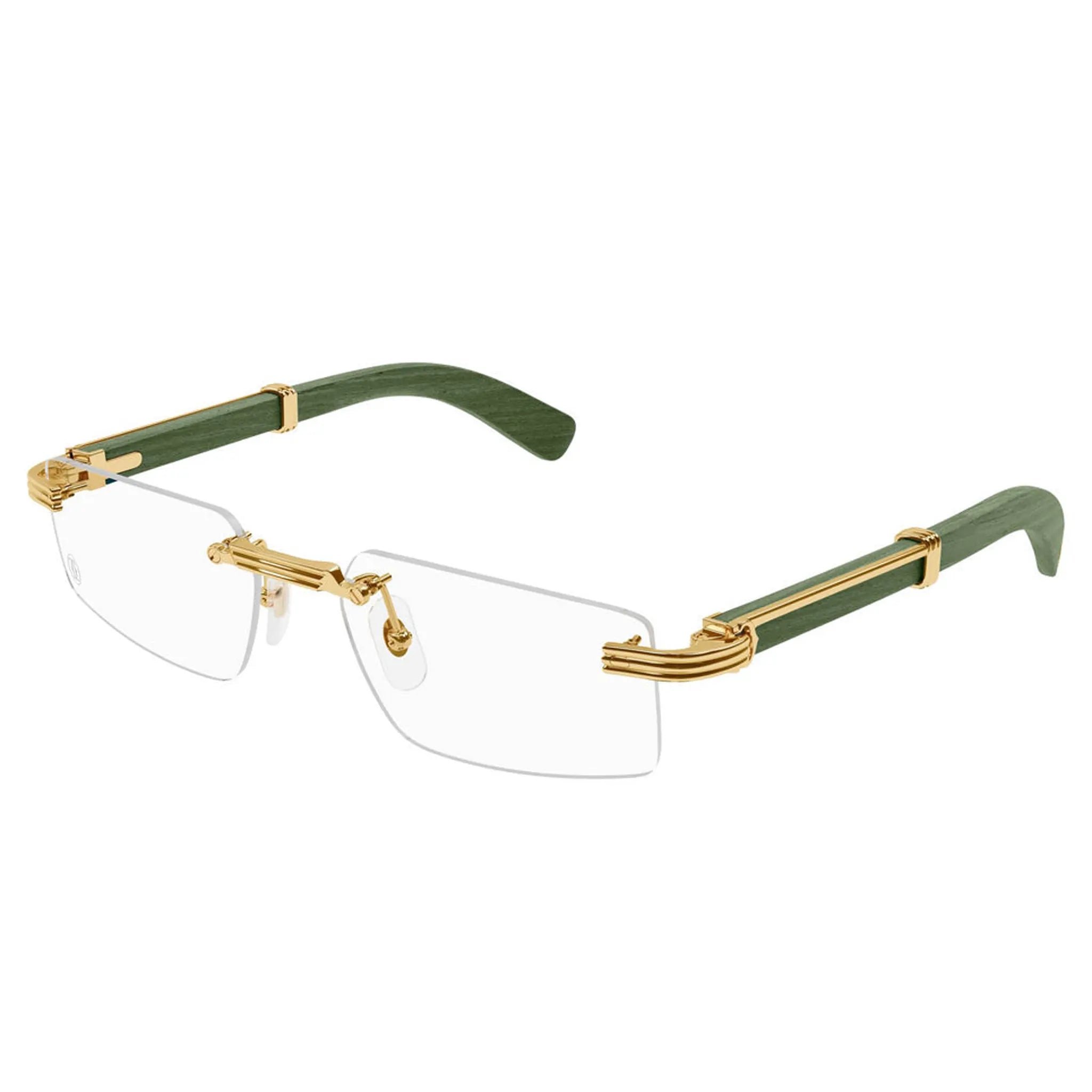 Front Side View of Cartier Eyewear CT0485O-006 Transparent Gold Green Real Wood Rimless Sunglasses