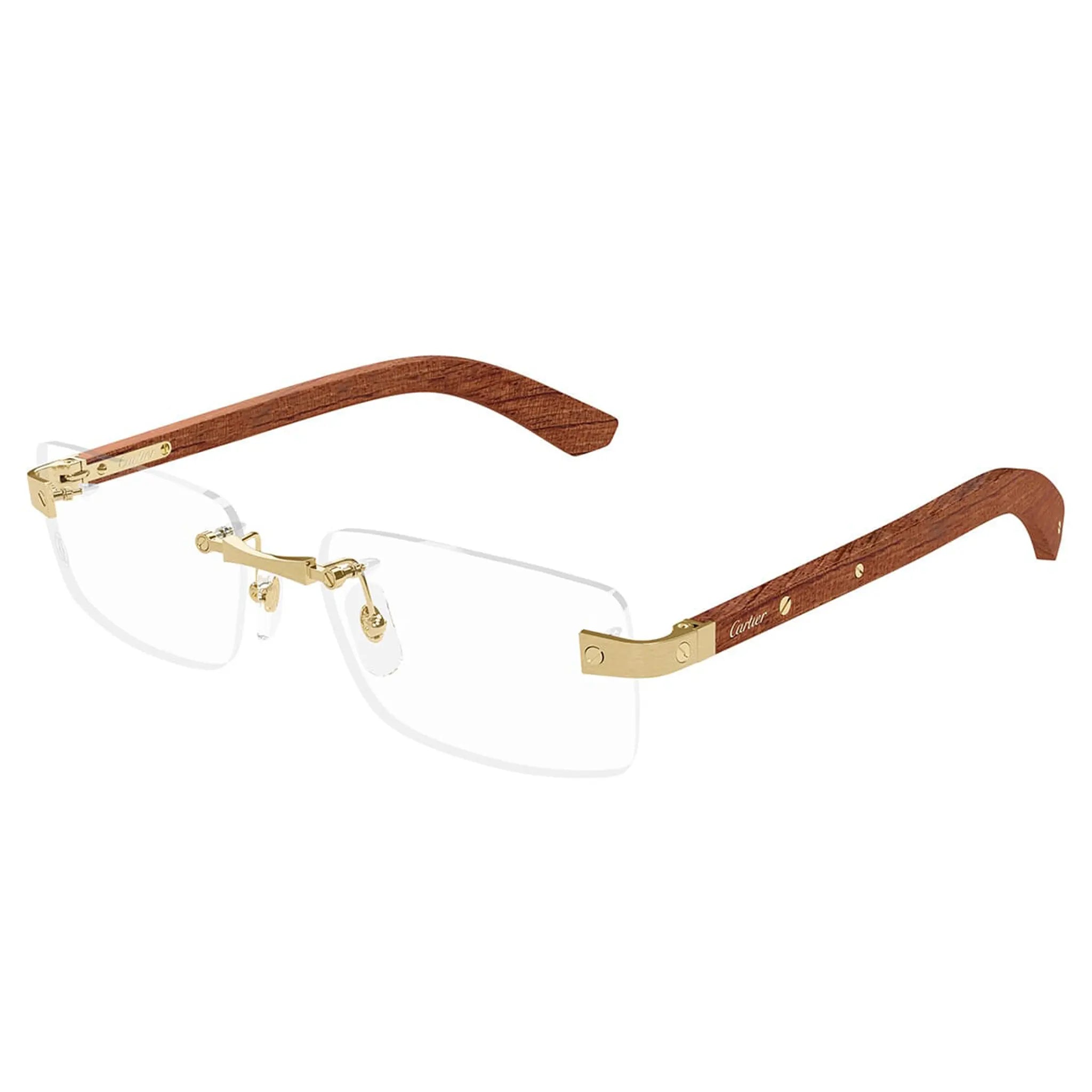 Front Side View of Cartier Eyewear CT0513O-002 Transparent Gold Brown Rimless Sunglasses