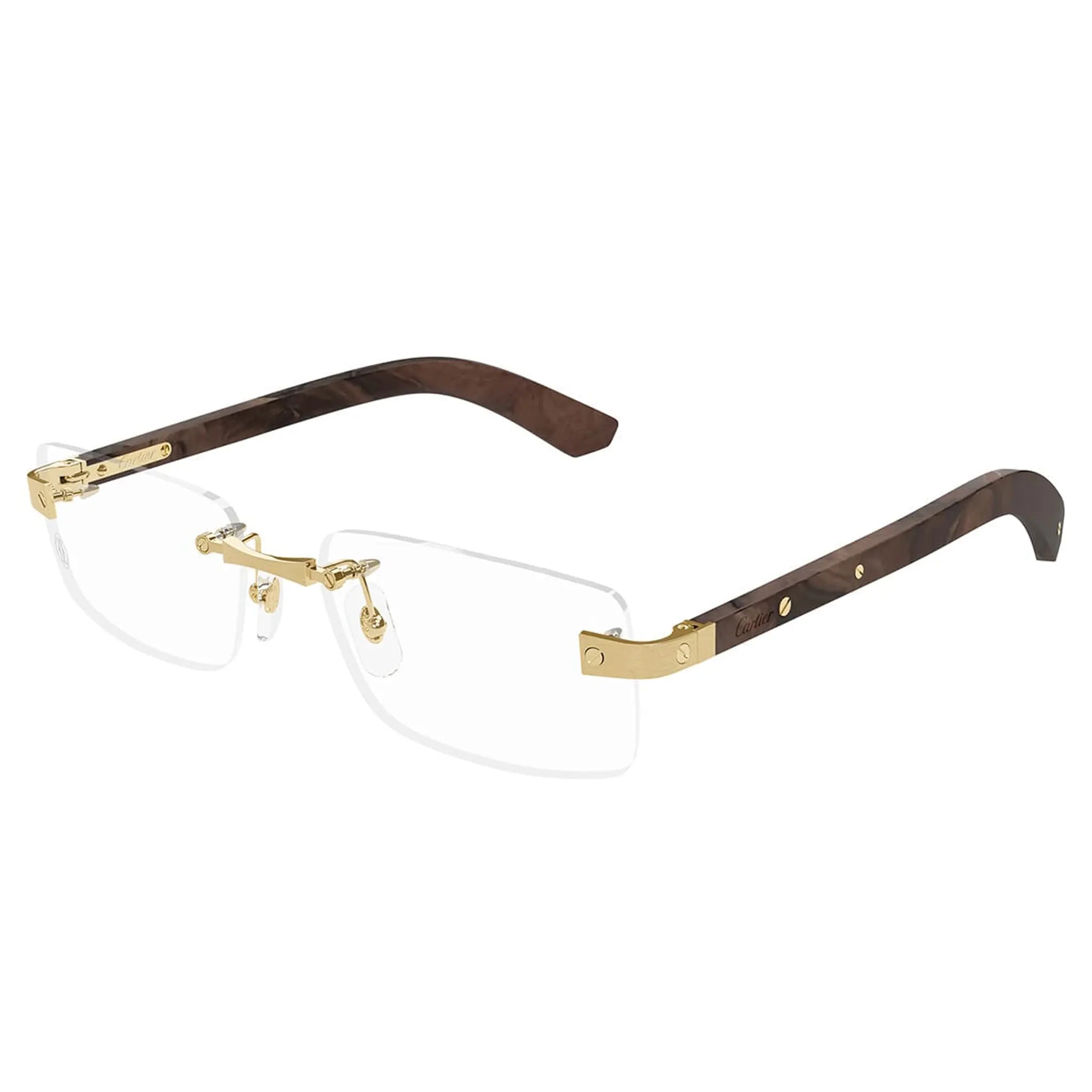 Front Side View of Cartier Eyewear CT0513O-004 Transparent Gold Brown Rimless Sunglasses