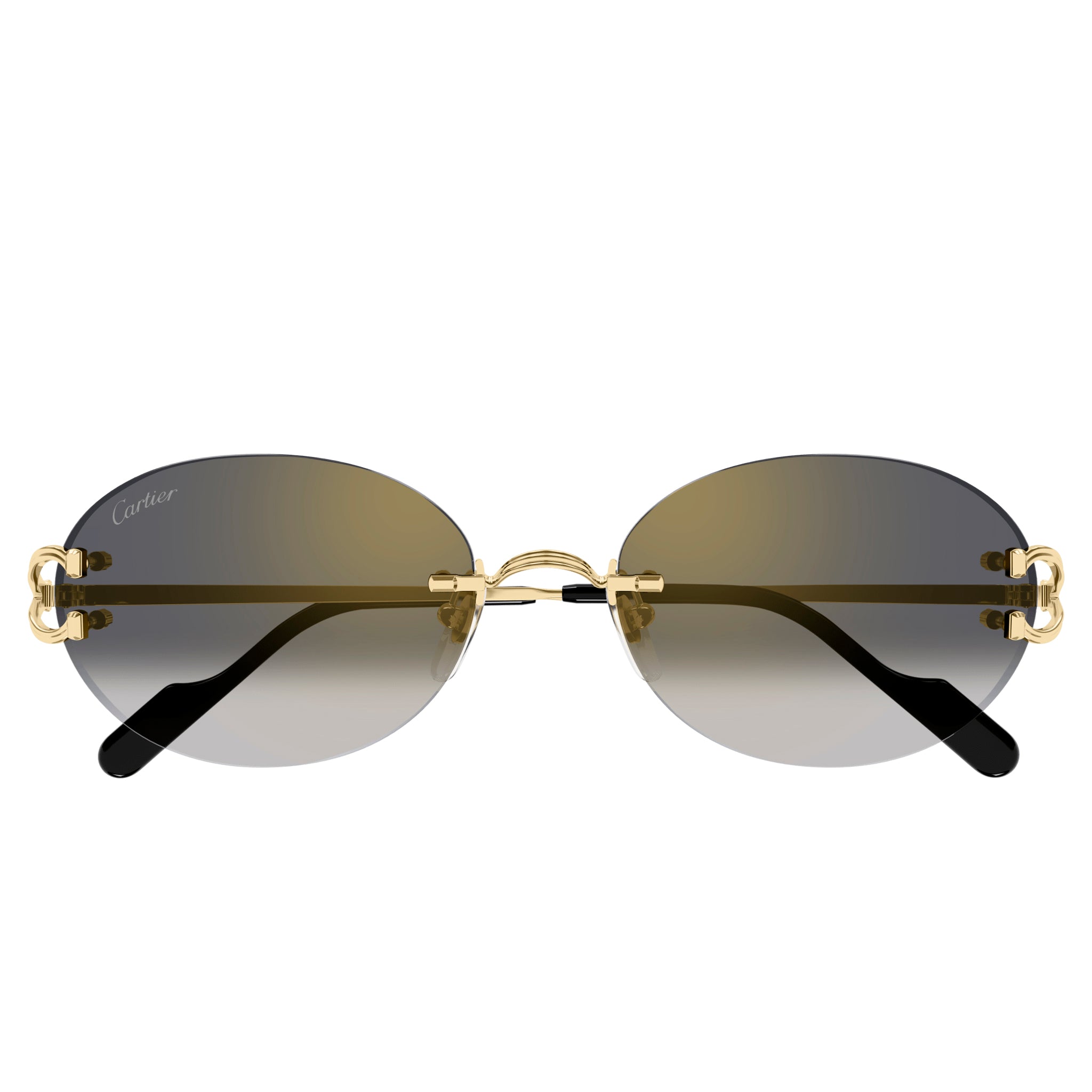 Front view of Cartier Eyewear CT0551S-001 Oval C Decor Gold Grey Rimless Sunglasses CT0551S-001
