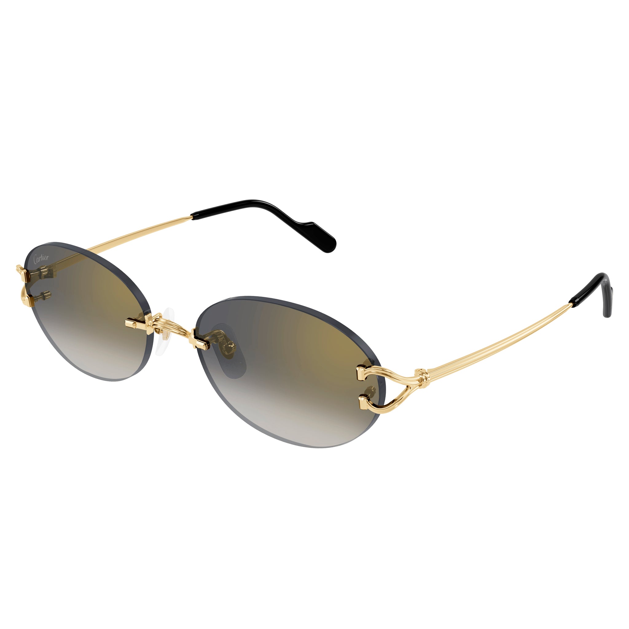 Front side view of Cartier Eyewear CT0551S-001 Oval C Decor Gold Grey Rimless Sunglasses CT0551S-001