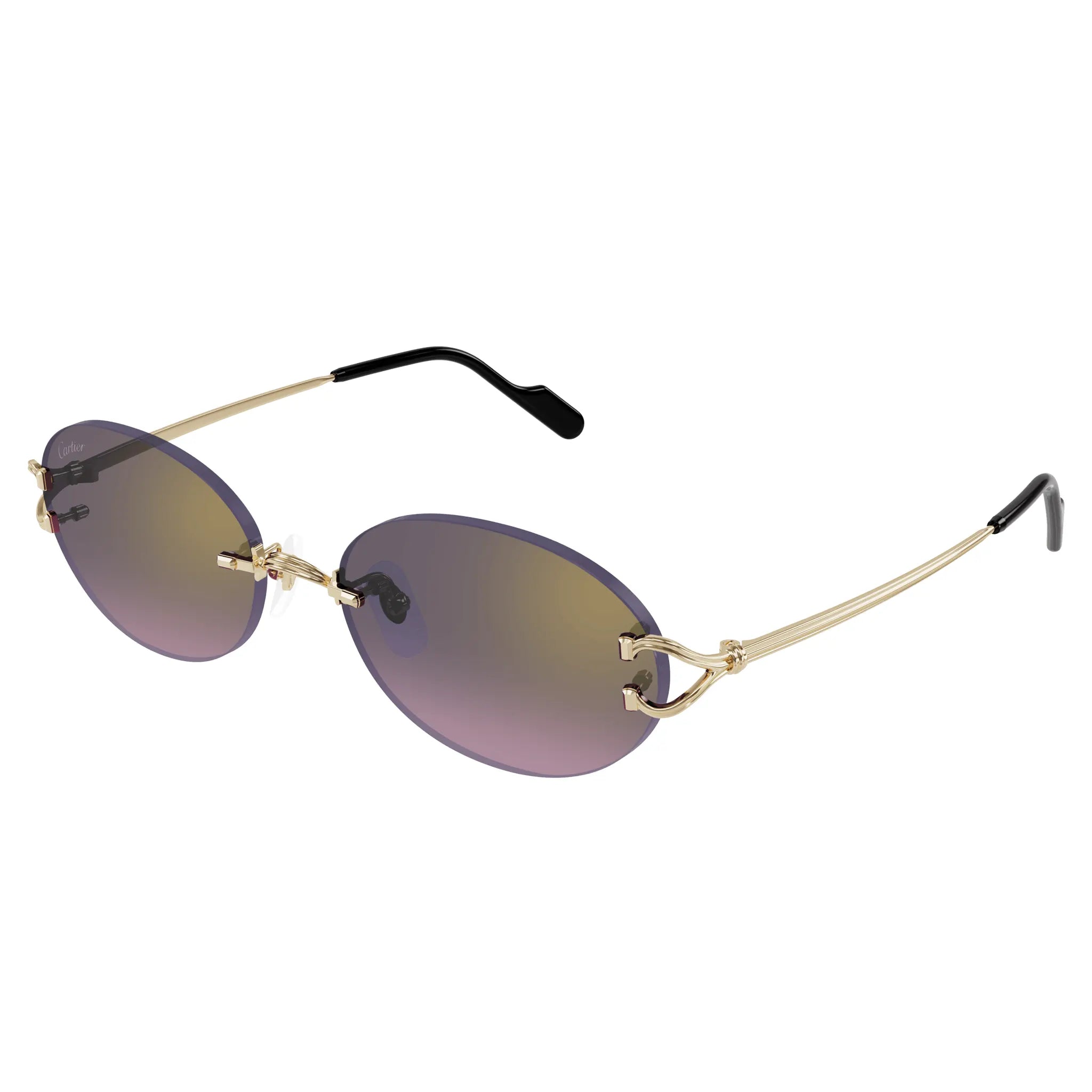 Front Side View Cartier Eyewear CT0551S-004 Oval C Decor Gold Grey Rimless Sunglasses