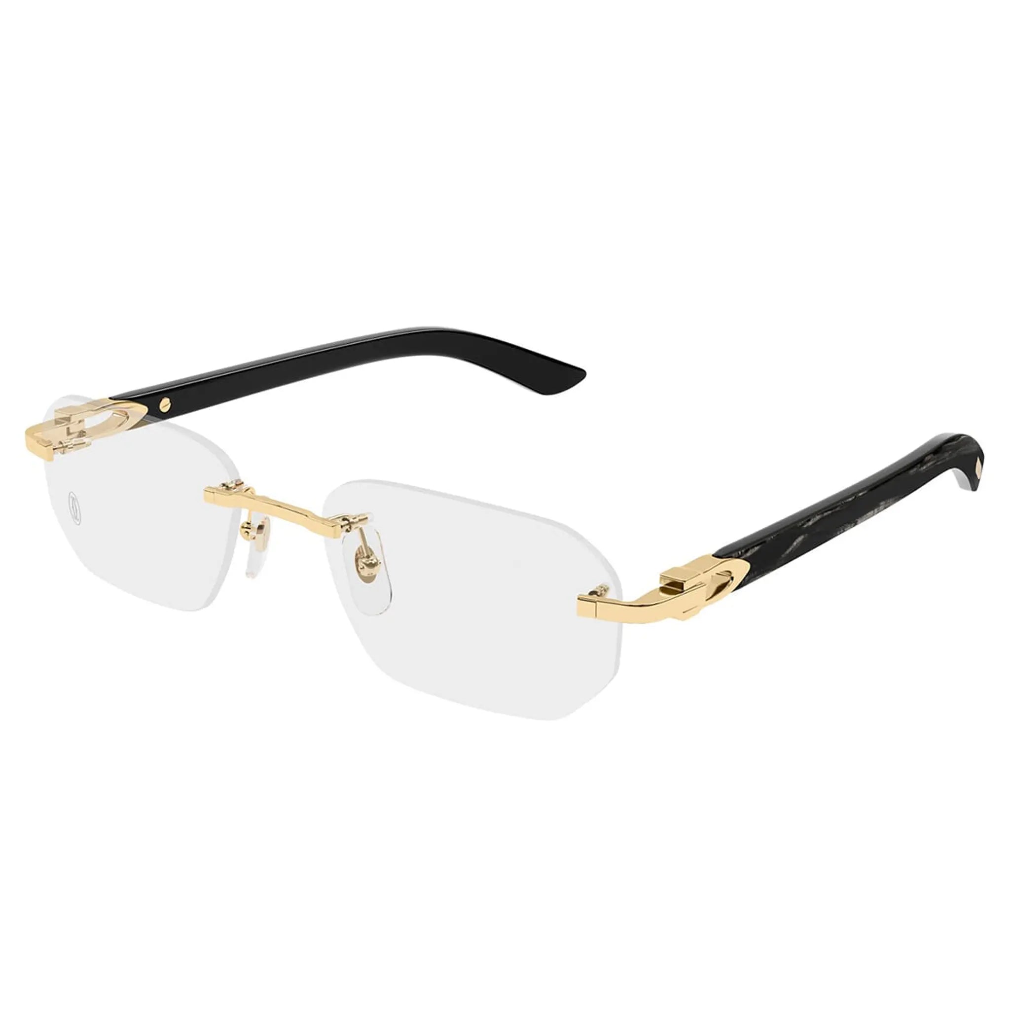 Front Side View of Cartier Eyewear CT0583O-001 Transparent Gold Black Rimless Sunglasses