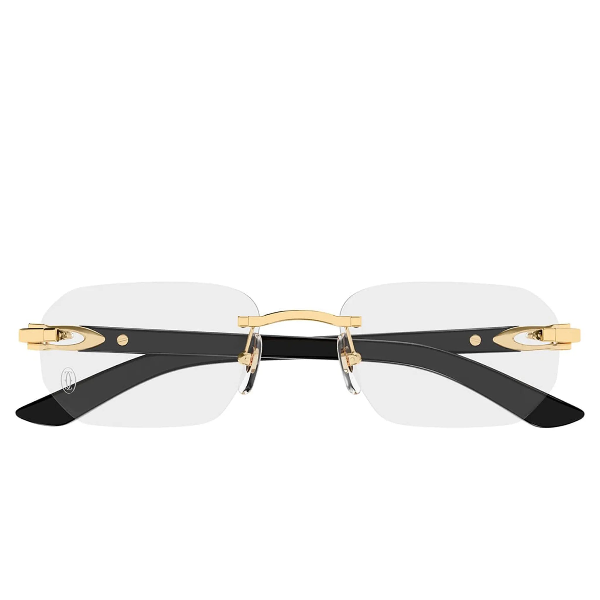 Front View of Cartier Eyewear CT0583O-001 Transparent Gold Black Rimless Sunglasses