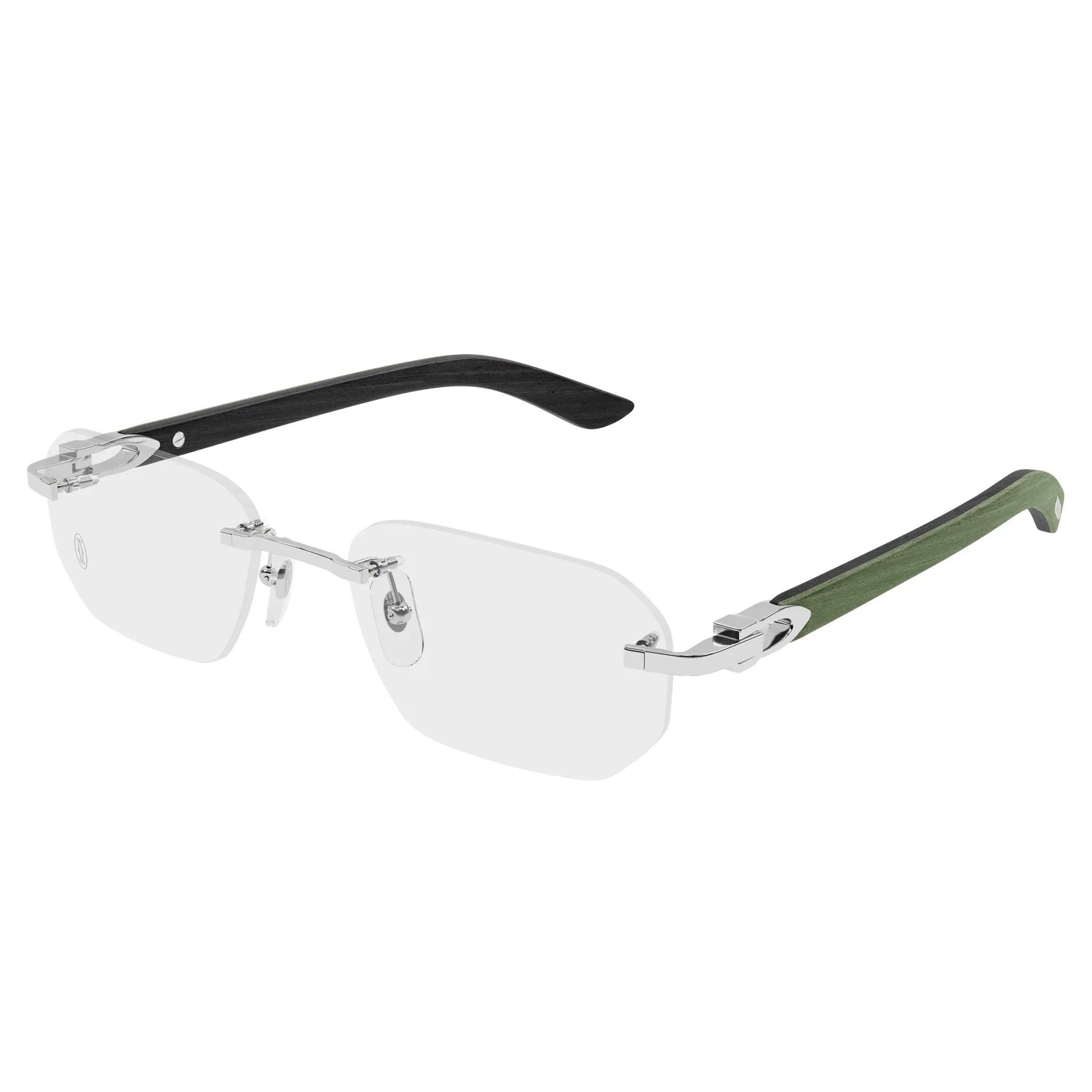 Front Side View of Cartier Eyewear CT0583O-005 Transparent Silver Green Rimless Sunglasses