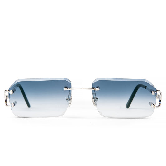 Cartier Eyewear Custom CT0092O-002 C Decor Silver Blue Rimless Sunglasses