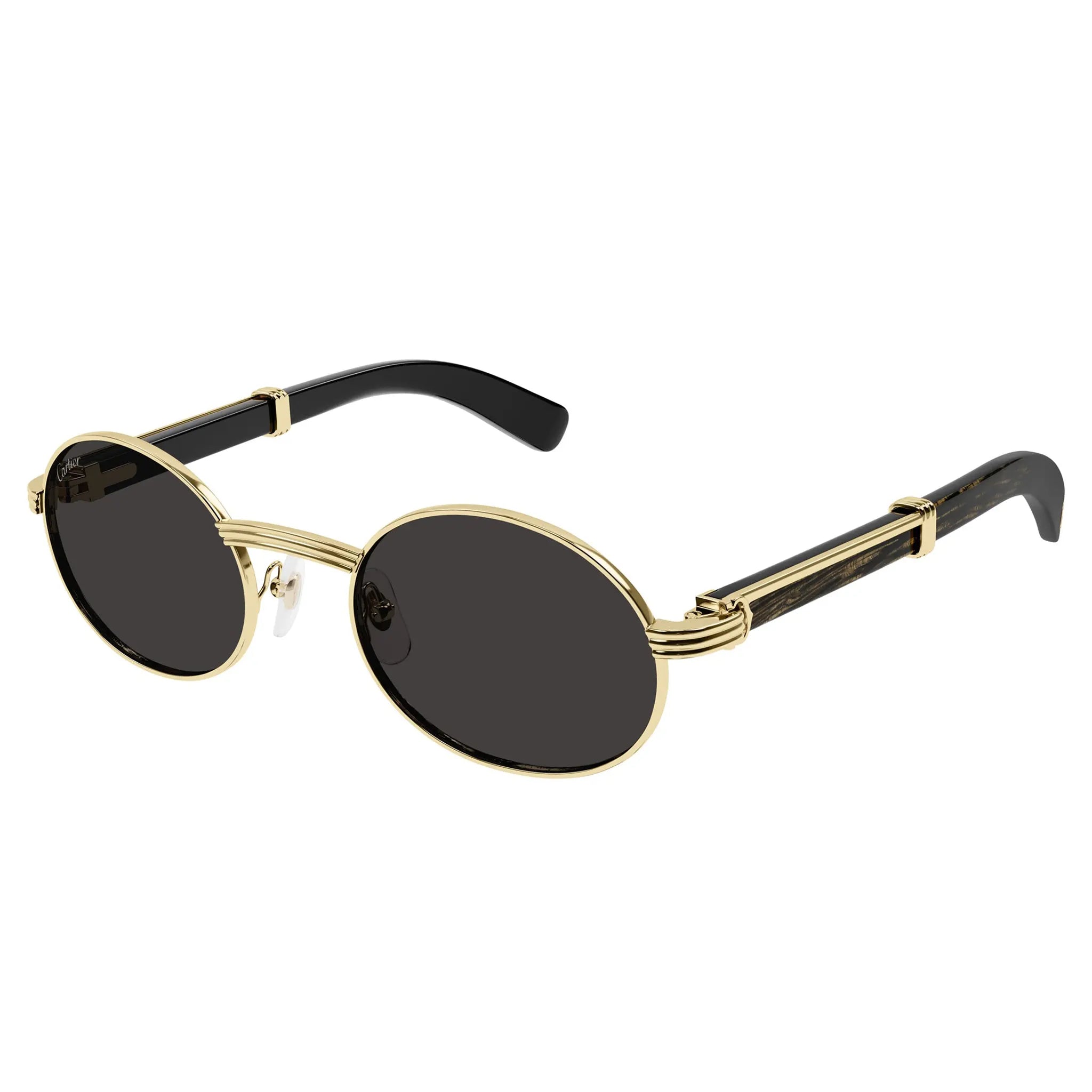 Front Side View of Cartier Eyewear Decor C De CT0464S-005 Buffalo Horn Gold Black Sunglasses