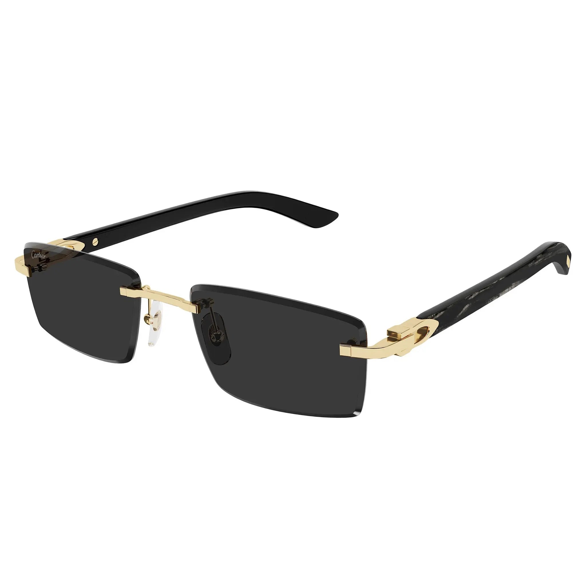 Front Side View of Cartier Eyewear Decor C De CT0582S-001 Gold Black Rimless Sunglasses