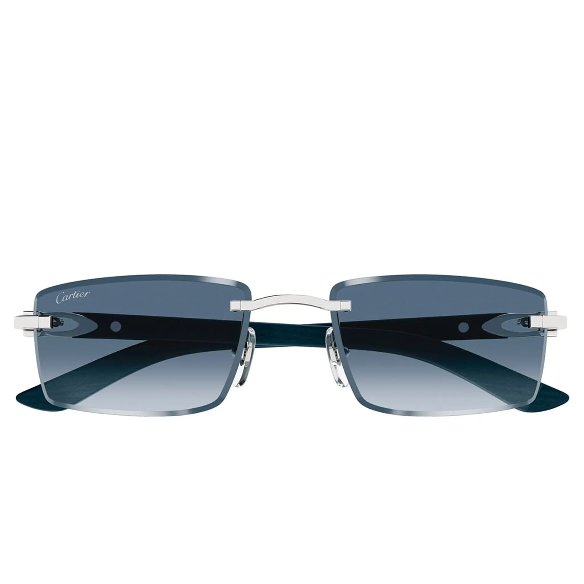 Front View of Cartier Eyewear Decor C De CT0582S-004 Blue Silver Rimless Sunglasses