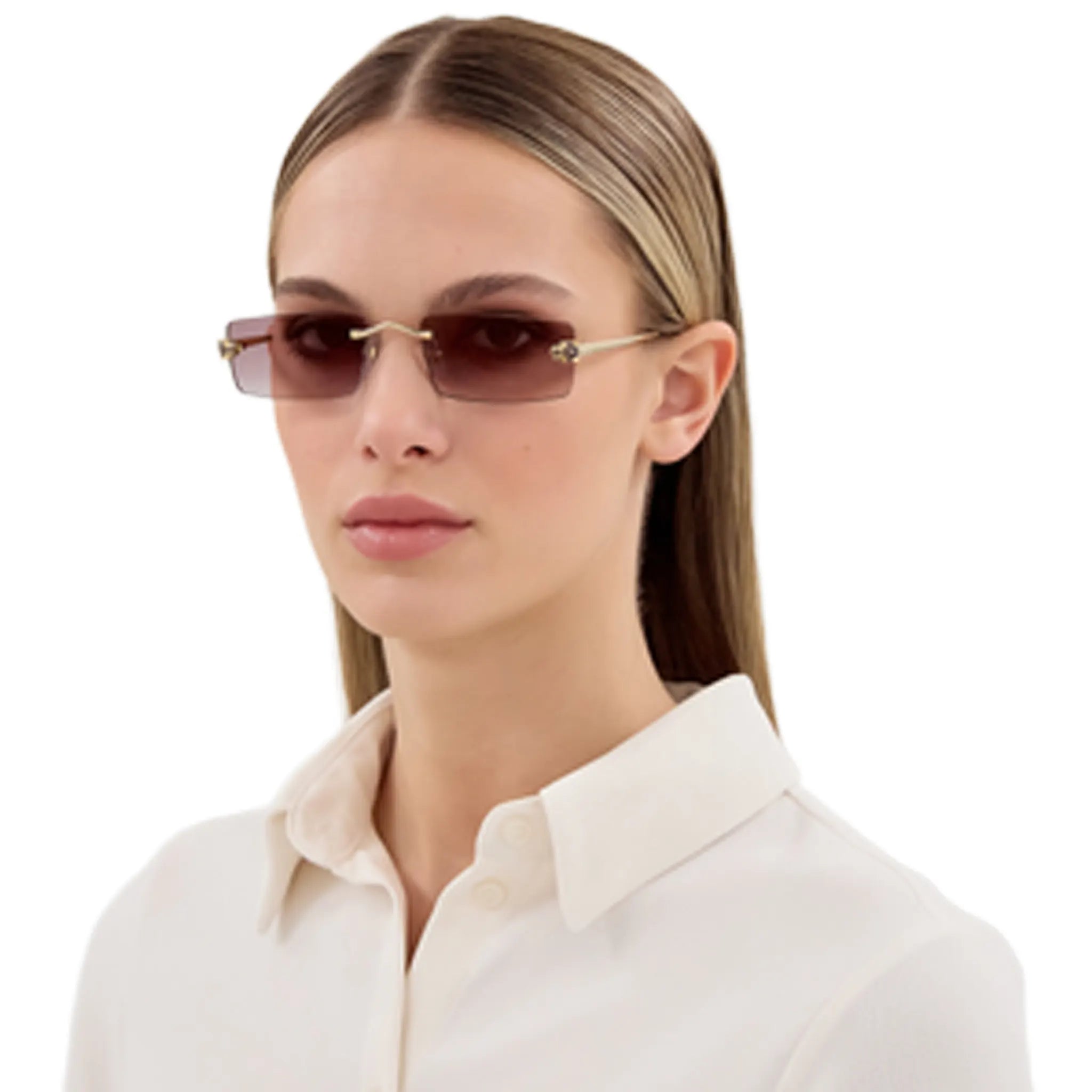 Model View of Cartier Eyewear Panthere CT0598S-005 Violet Gradient Rimless Sunglasses