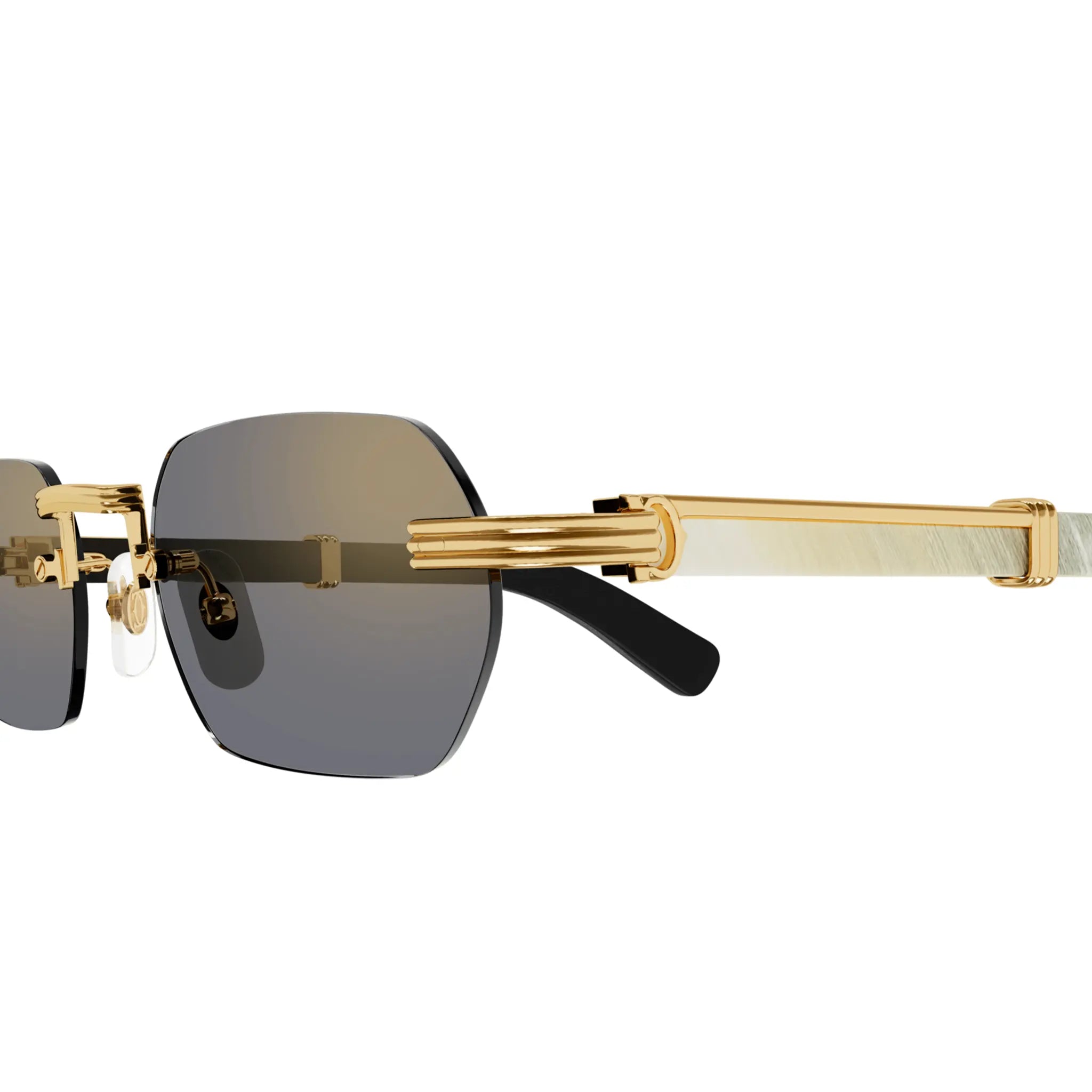 Front Side Detailed View of Cartier Eyewear Premiere CT0362S-003 Gold White Wood Rimless Sunglasses