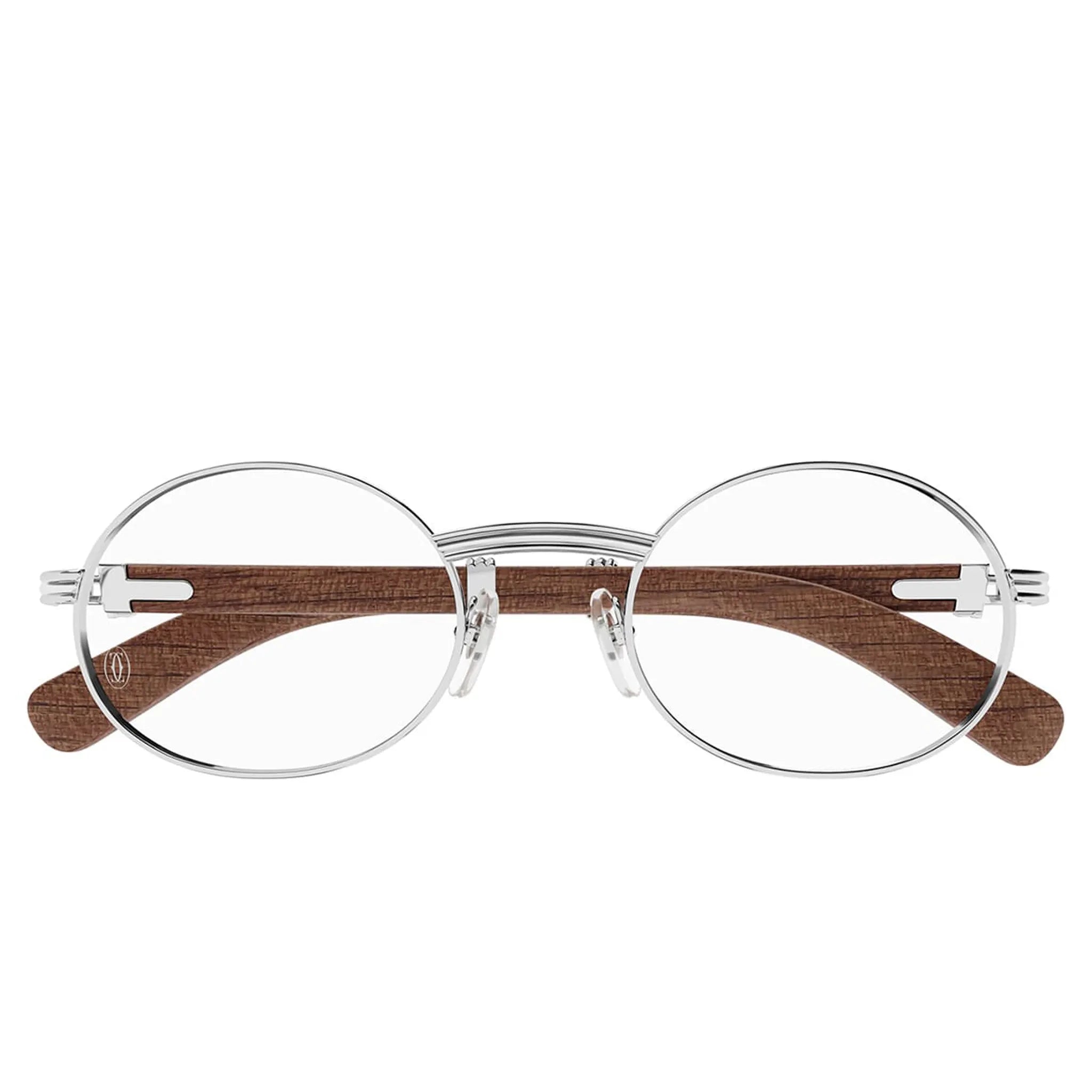 Front View of Cartier Eyewear Premiere CT0464O-003 Transparent Silver Brown Wood Sunglasses
