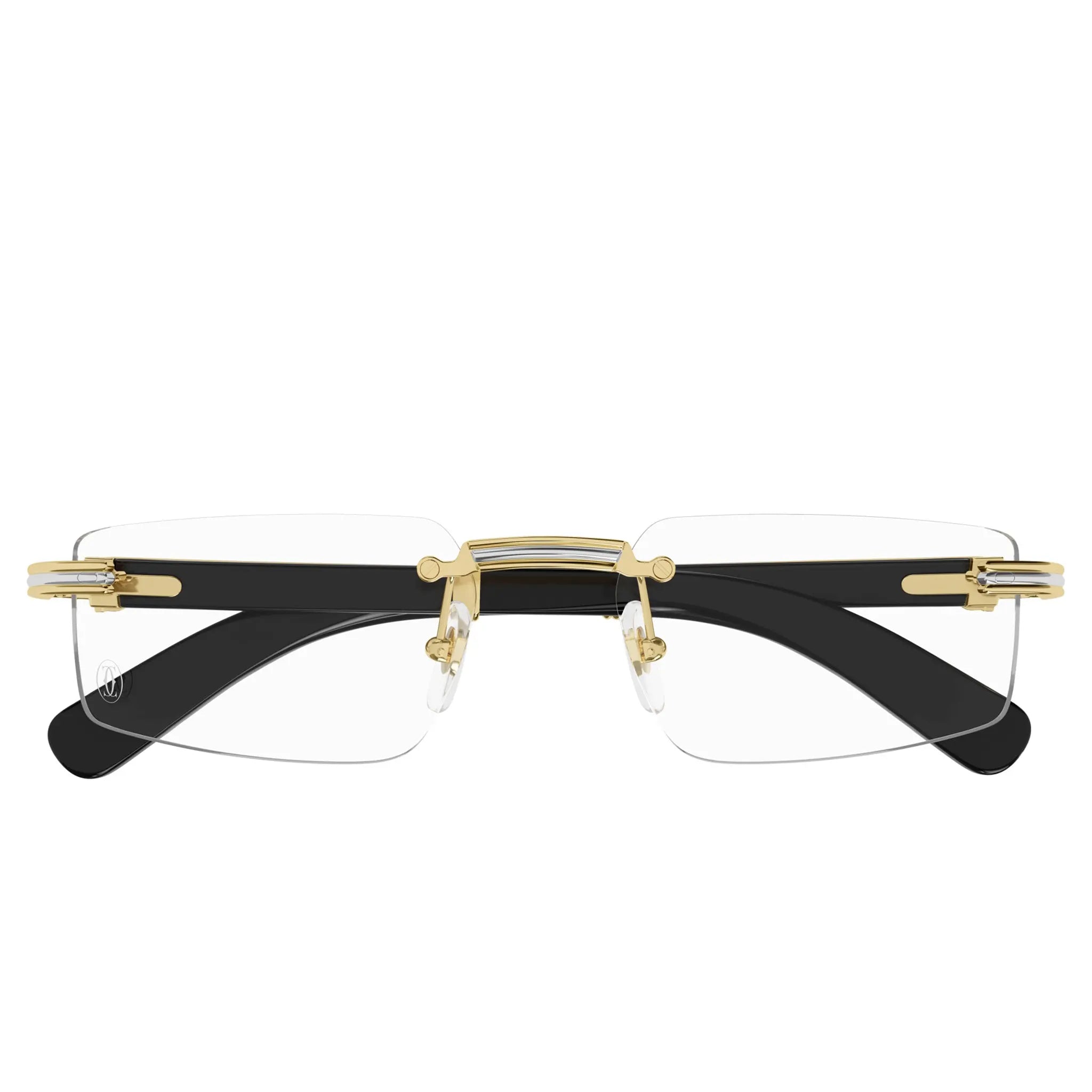 Front View of Cartier Eyewear Premiere CT0485O-001 Transparent Buffalo Horn Black Gold Rimless Sunglasses