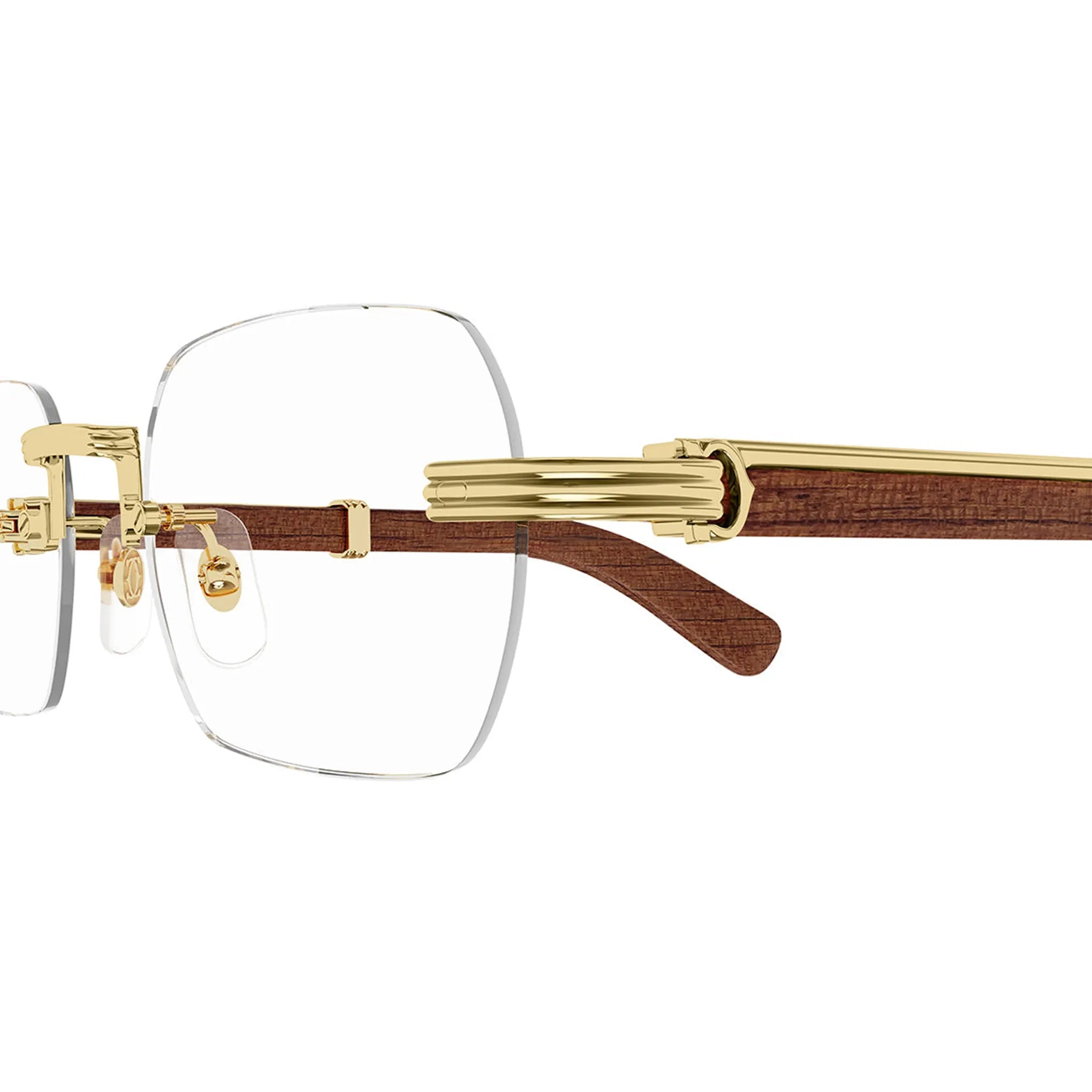 Side View of Cartier Eyewear Premiere CT0485O-002 Transparent Gold Brown Wood Rimless Sunglasses