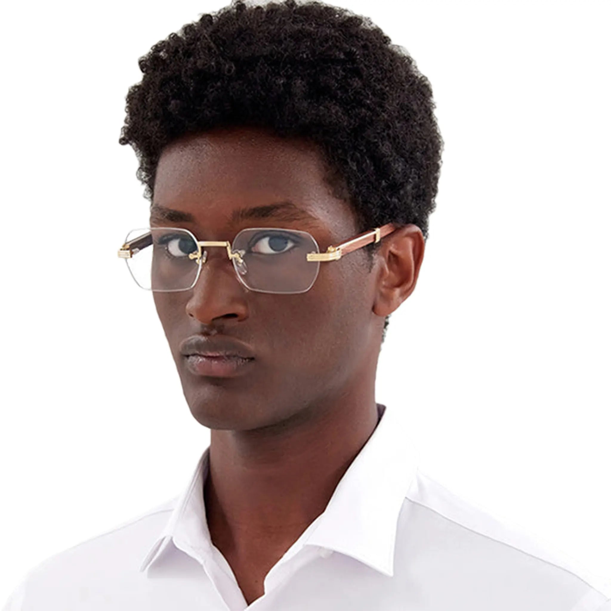 Model View of Cartier Eyewear Premiere CT0485O-002 Transparent Gold Brown Wood Rimless Sunglasses