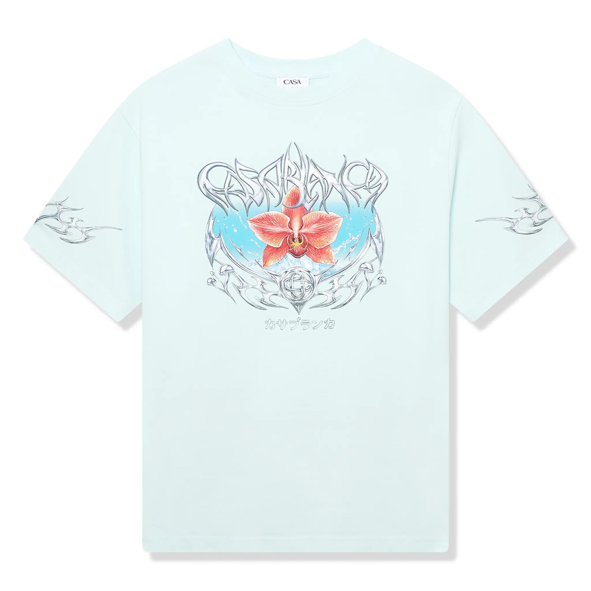 Front View of Casablanca Casa Blades Oversized Blue T-Shirt M-AW25-JTS-044-07