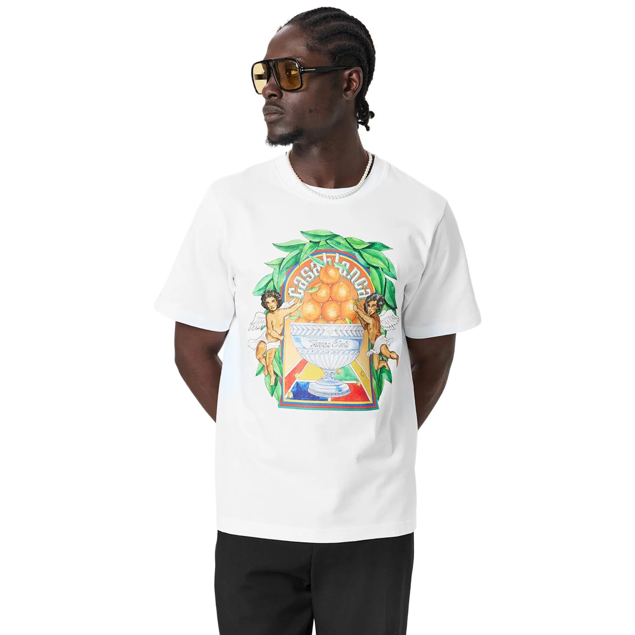 Model front view of Casablanca Casa Triomphe White T Shirt