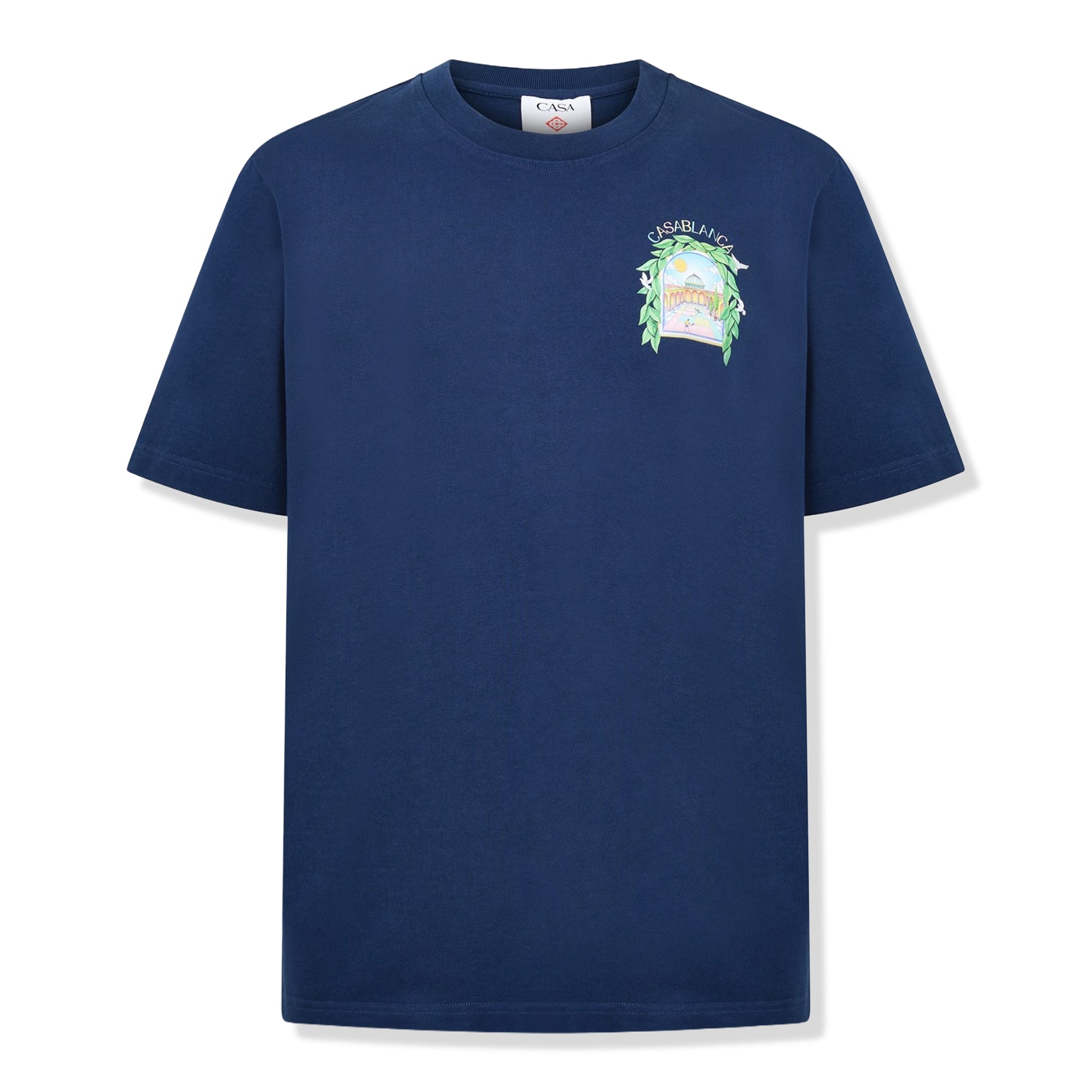 Front view of Casablanca L'Arche Tennis Club Graphic Navy T Shirt