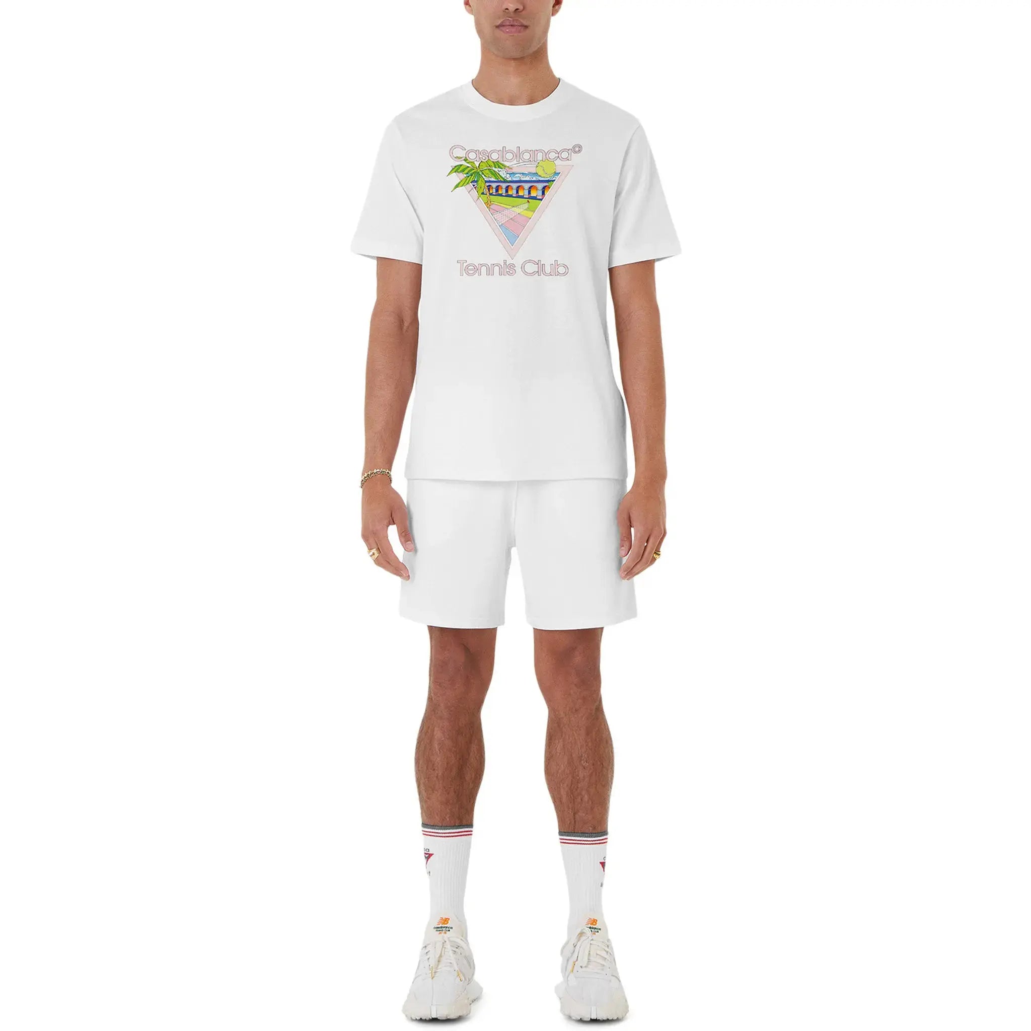 Model full view of Casablanca Tennis Club Icon White T Shirt MPS24-JTS-001-01