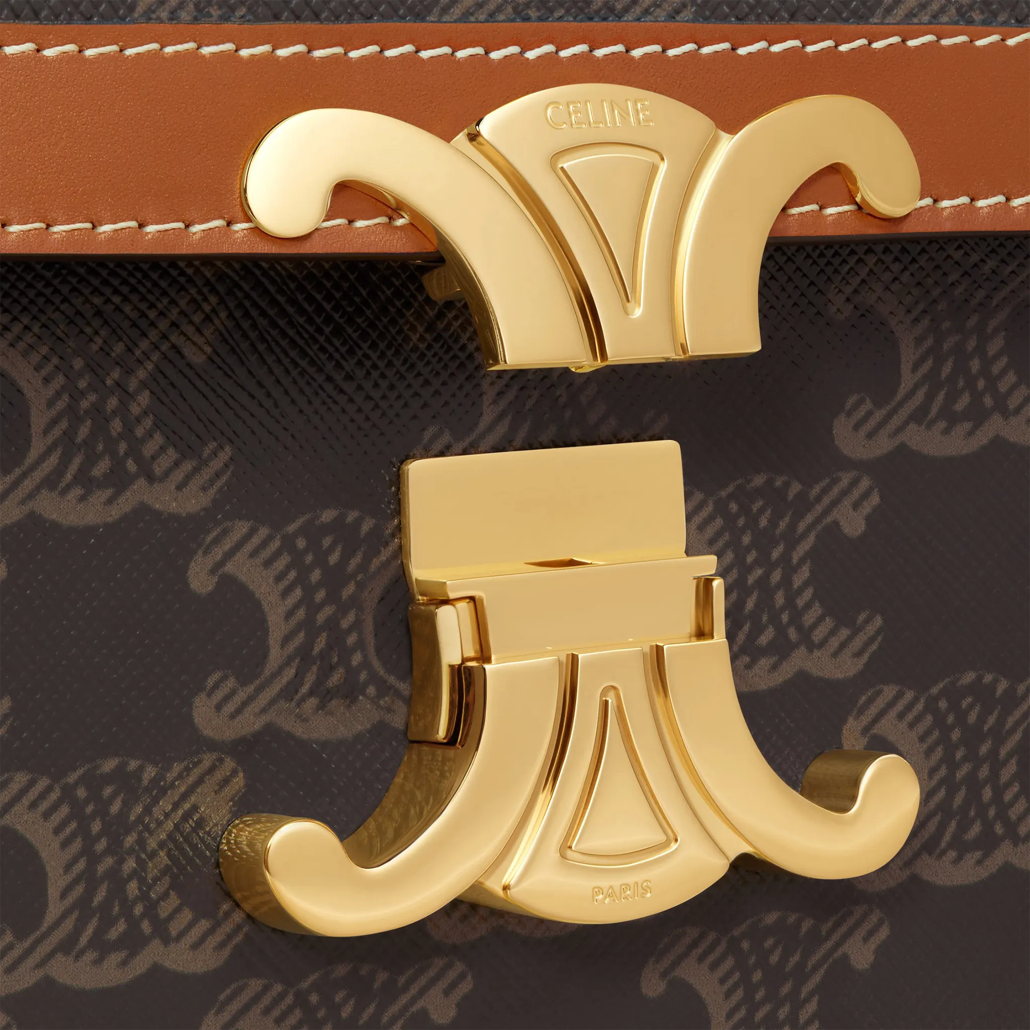 Detailed Flap View of Celine Classique Triomphe Canvas and Calfskin Tan Shoulder Bag 191242BZ4_04LU
