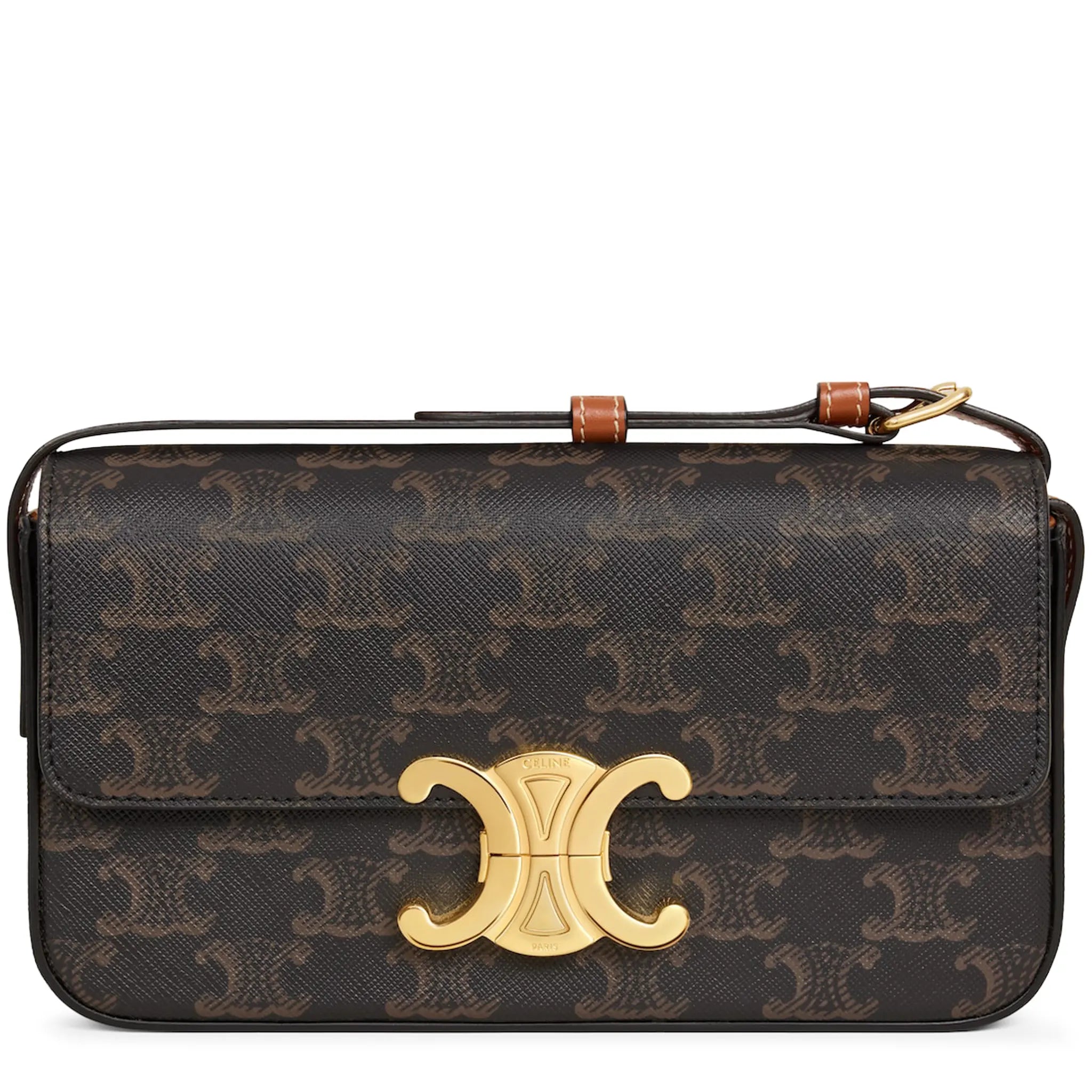 Front View of Celine Claude Triomphe Canvas and Calfskin Tan Shoulder Bag 194142CUZ_04LU