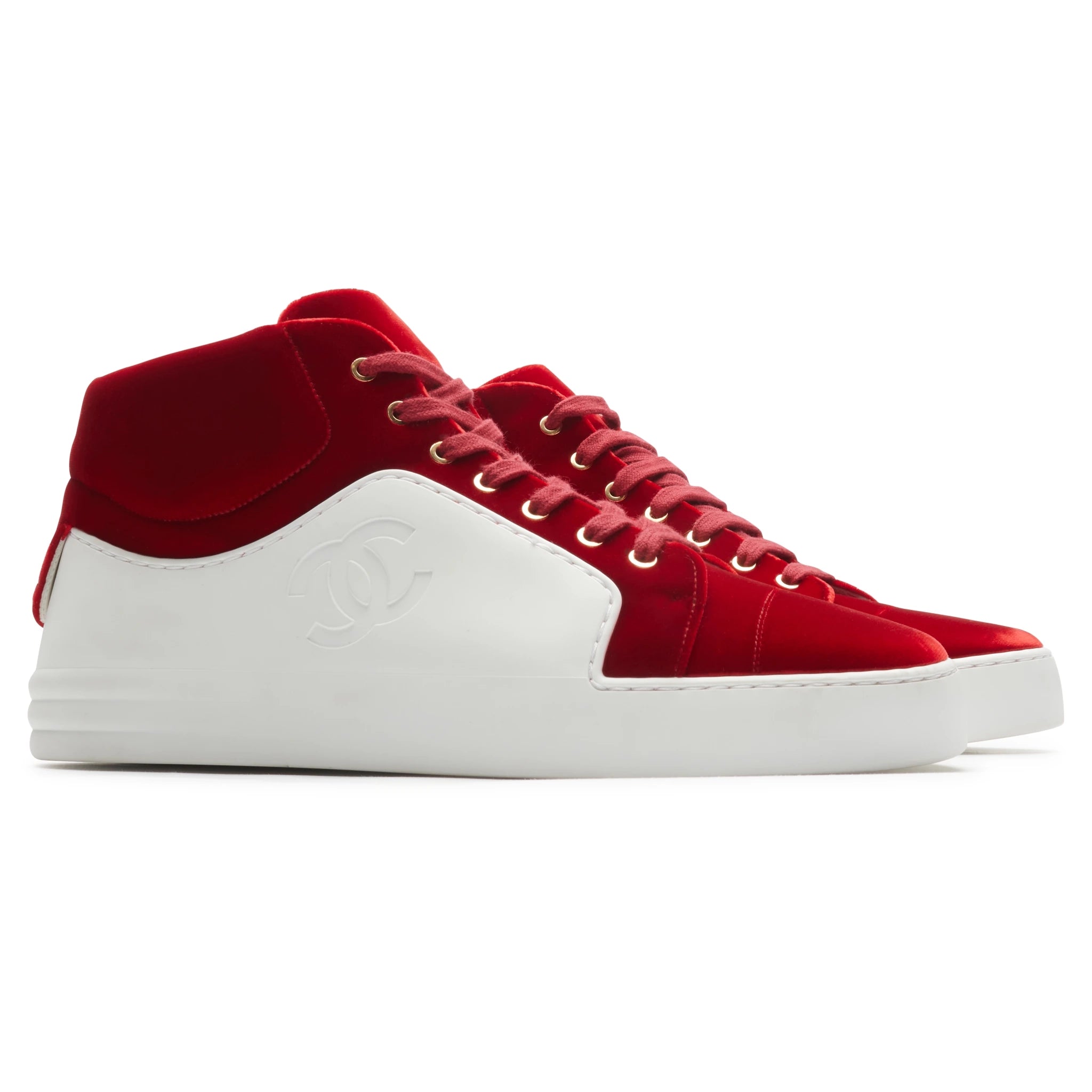 Front side view of Chanel CC High White Red Velvet Sneaker - Preloved