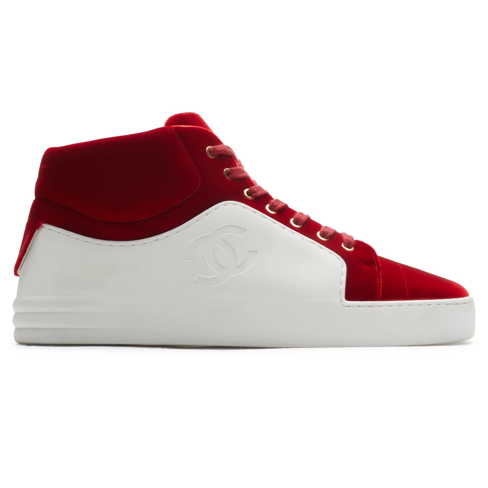 Side view of Chanel CC High White Red Velvet Sneaker - Preloved