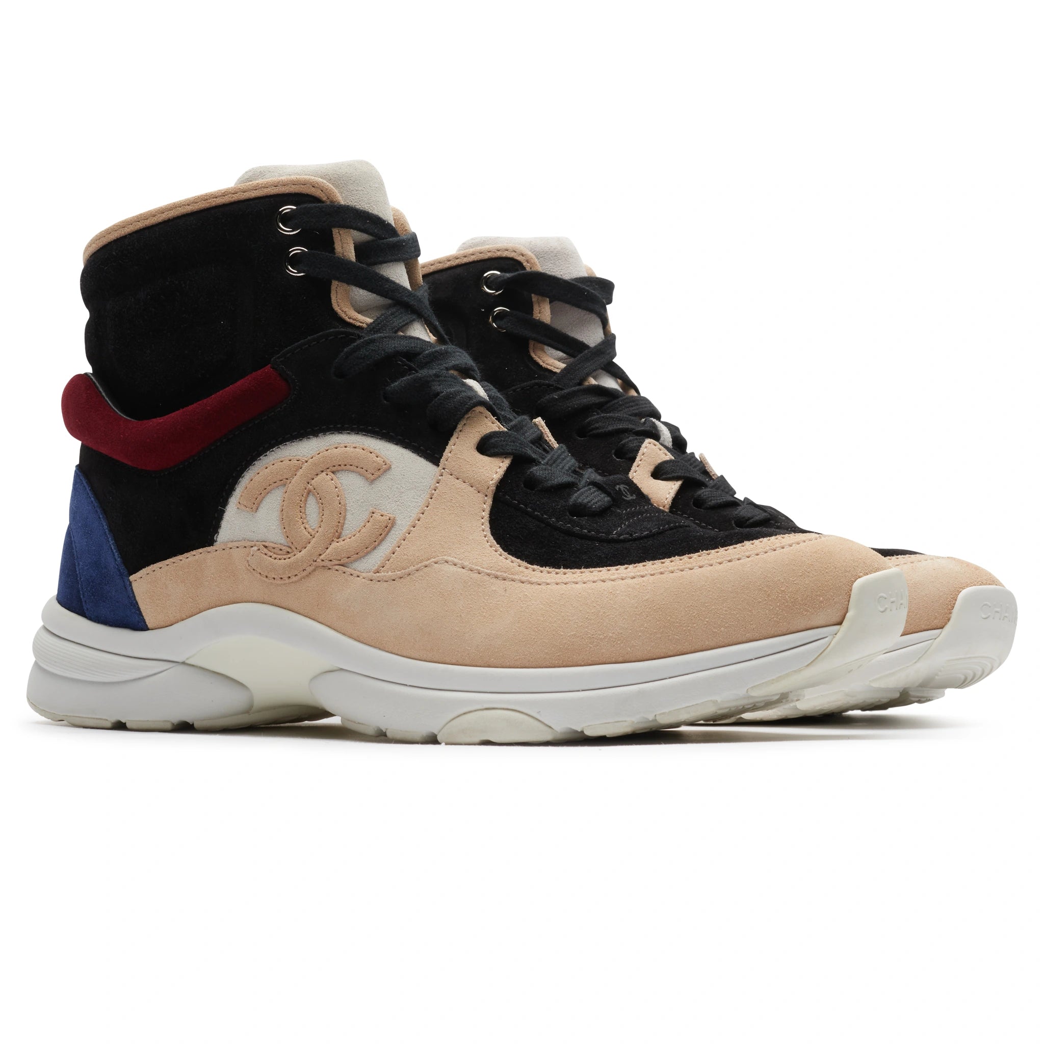 Front side view of Chanel CC Logo Black Burgundy Blue Beige Suede High Sneaker - Preloved